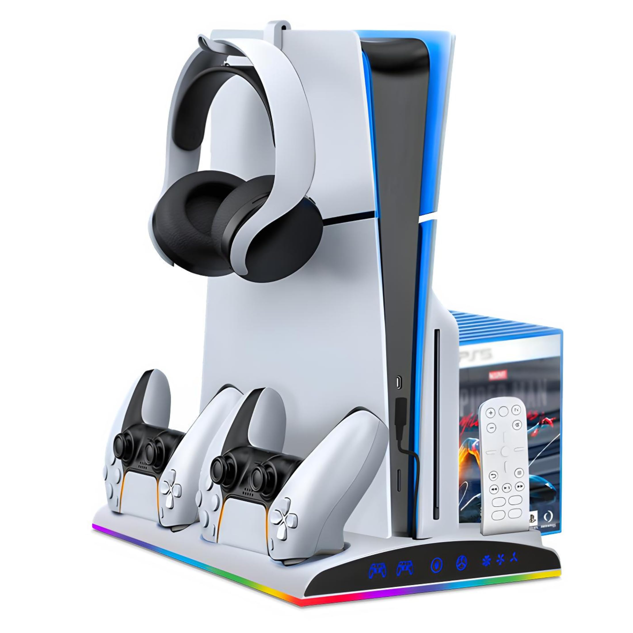 Base Cooler DOBE TP5-3570 para PS5 Slim e Fat, Branco | Suporte Vertical, Carregador para 2 Controles, LED RGB, 3 Velocidades de Ventilação, 3 Portas USB