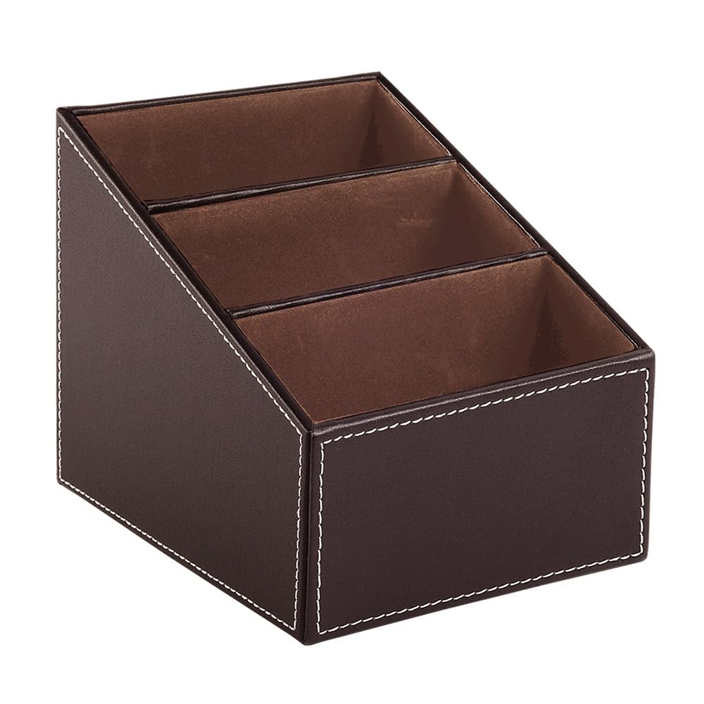 Suporte De Controle Remoto Organizador De Mesa De Couro PU (Marrom) | Com 3 Compartimentos Organizador Multifuncional Para Mesa Cabeceira E Escritório
