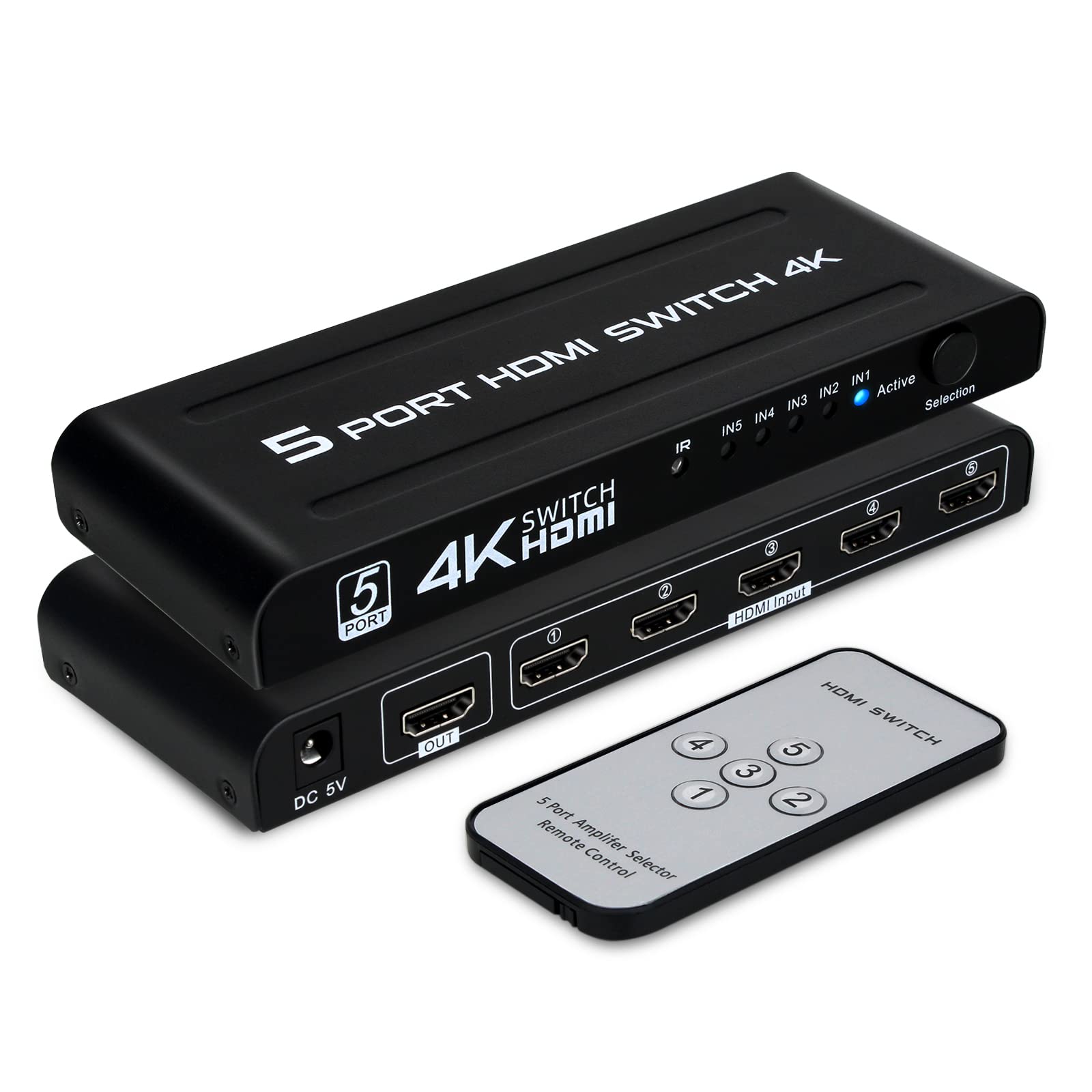 DGODRT Switch Hdmi 4K 5 Em 1 Saída, Caixa Seletora de Switcher Hdmi de 5 Portas com Controle Remoto Ir e Switch Automático, Suporte 4K @ 30 Hz, Hdr, Hdmi 1.4, Hdcp, 3D, 1080P para Hdtv Ps3 Ps4 Xbox Pr
