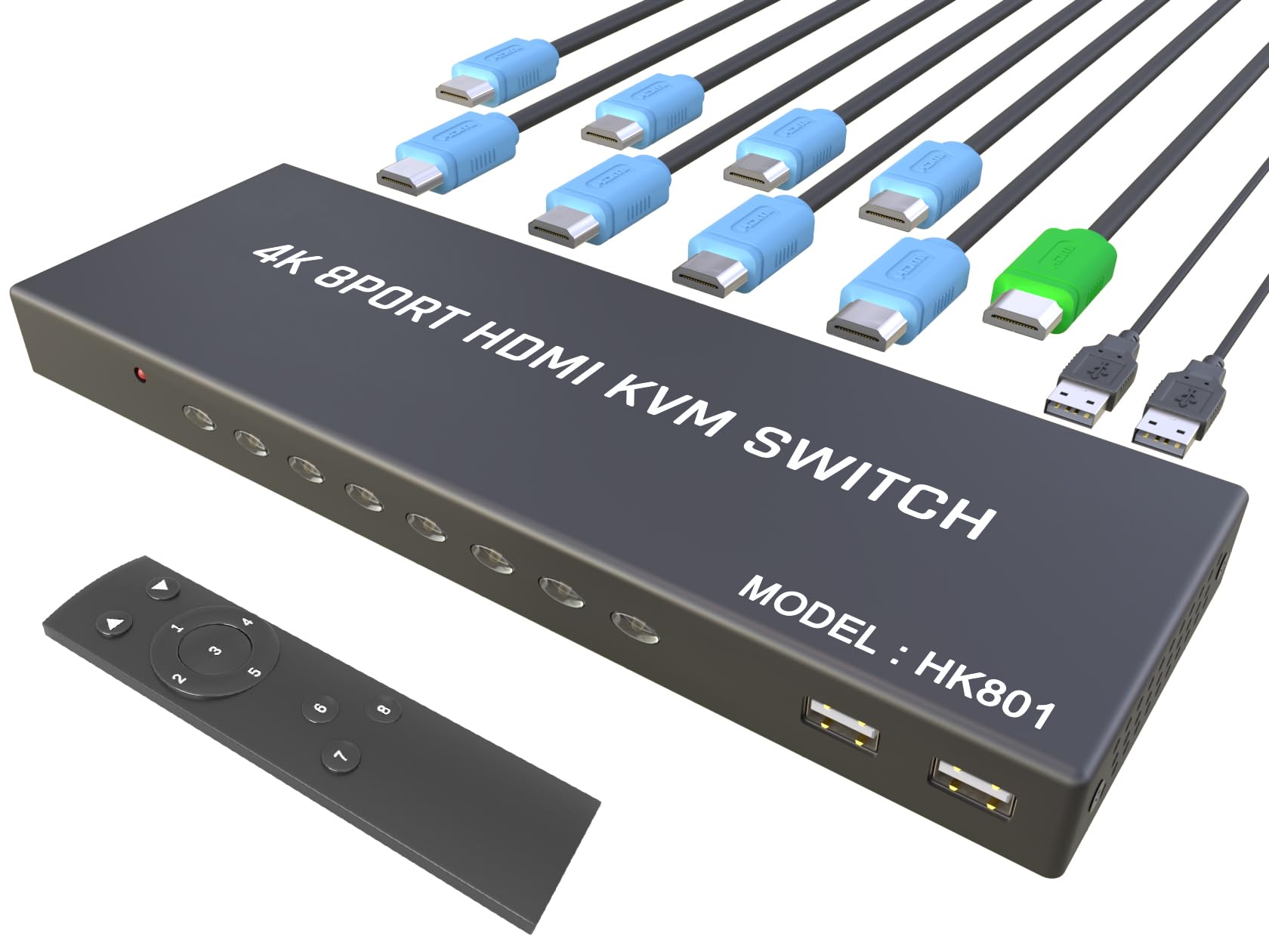 KAGO Kvm Switch Hdmi 8 Portas - Switch Hdmi com Controle Remoto - Seletor de Switch Usb para 8 Computadores Compartilhar Teclado Mouse Impressora, Unidade Flash, Monitor Hd, Suporte 4K @ 30 Hz, 8 Cabo