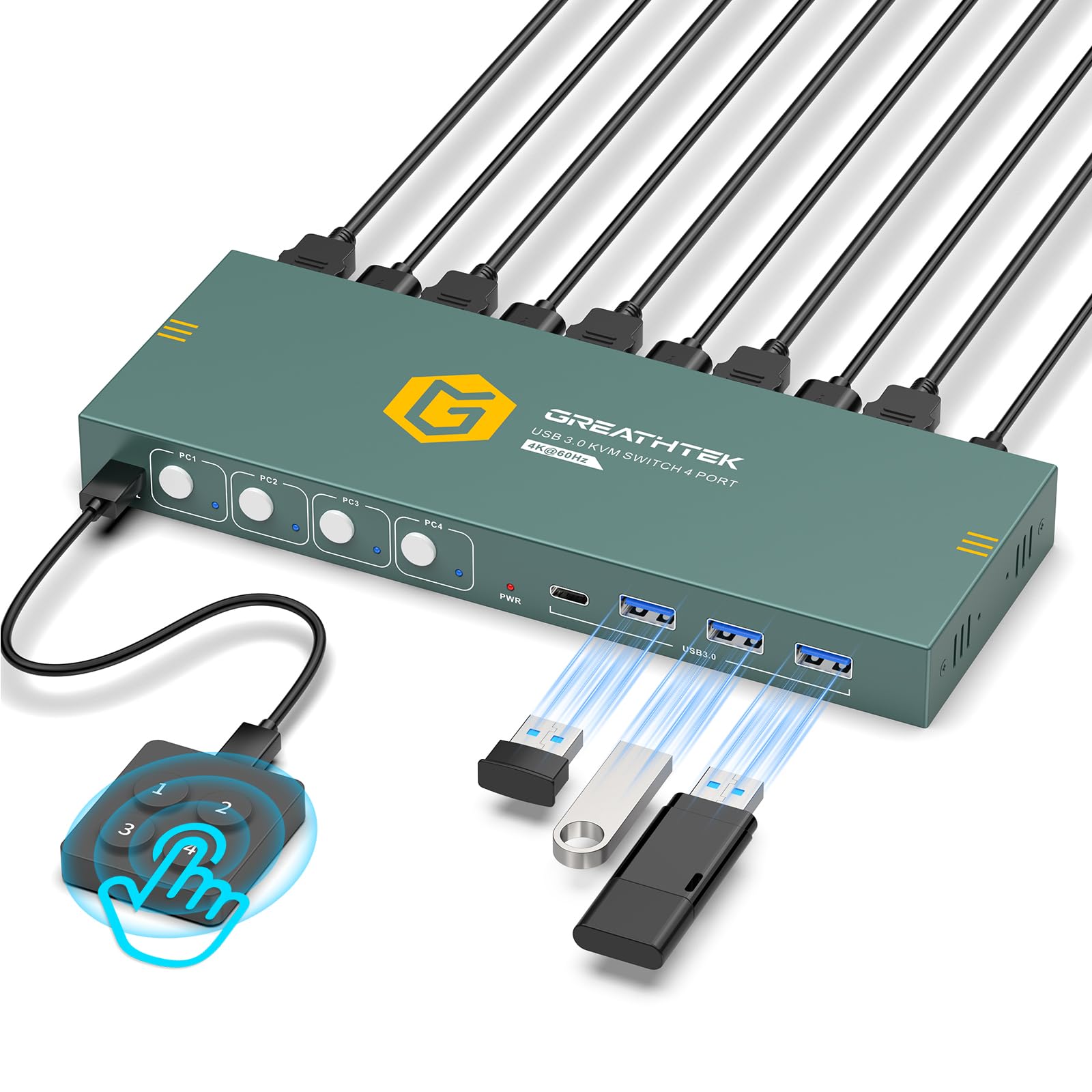 GREATHTEK Usb3.0 Kvm Switch Hdmi 4K @ 60Hz para 4 Computadores Compartilham 1 Monitor, Kvm Switch 4 Portas com 3 Portas Usb 3.0 Compartilham Teclado e Mouse, Interruptor de Botão de Suporte, Ligar e U