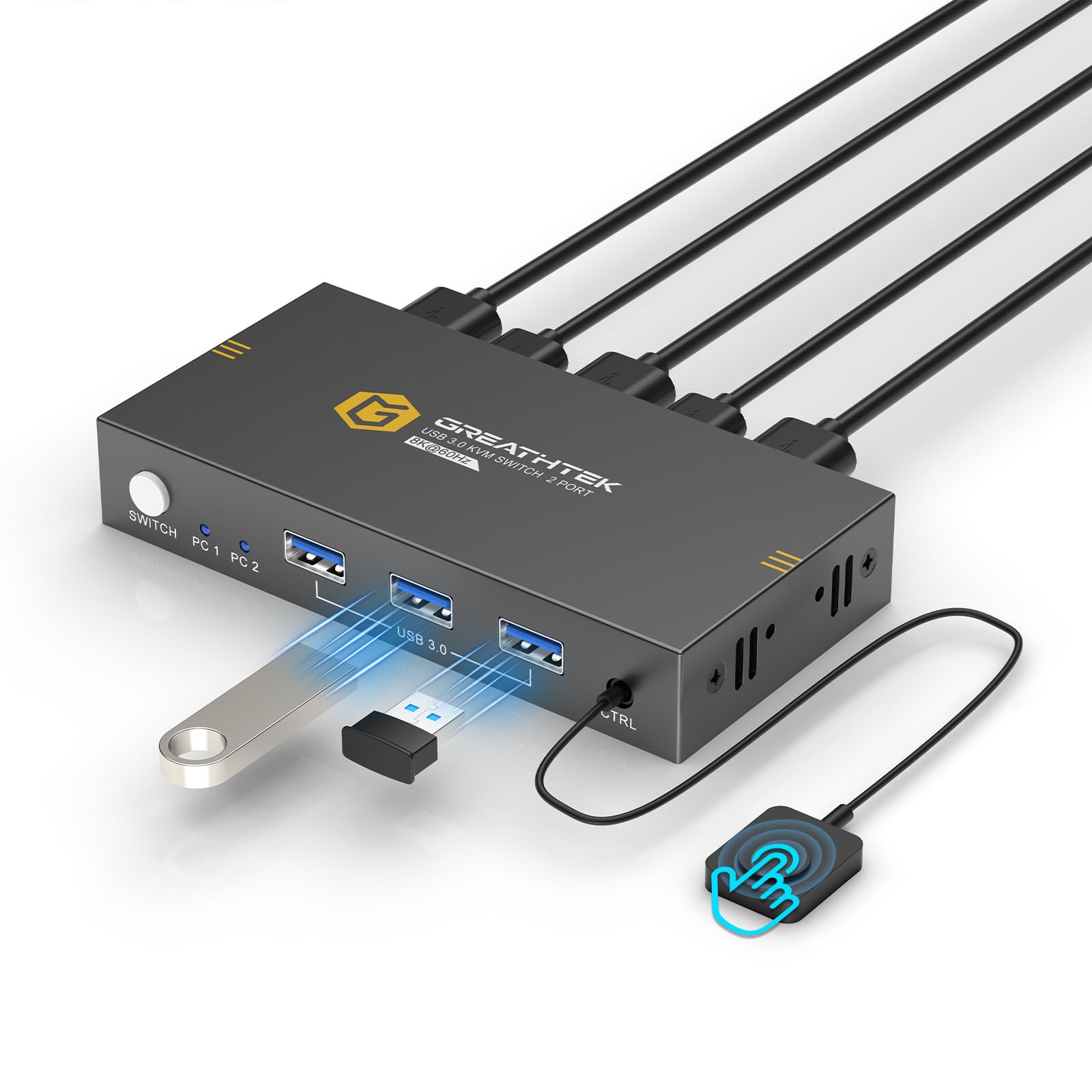 GREATHTEK Kvm Switches 2 Portas 8K @ 60Hz, Kvm Switch Hdmi Share Dispositivos Usb com 3 Hubs Usb3.0, 2 Computadores 1 Monitor Share Teclado Mouse Impressora, Interruptor de Botão Controle Remoto de Me