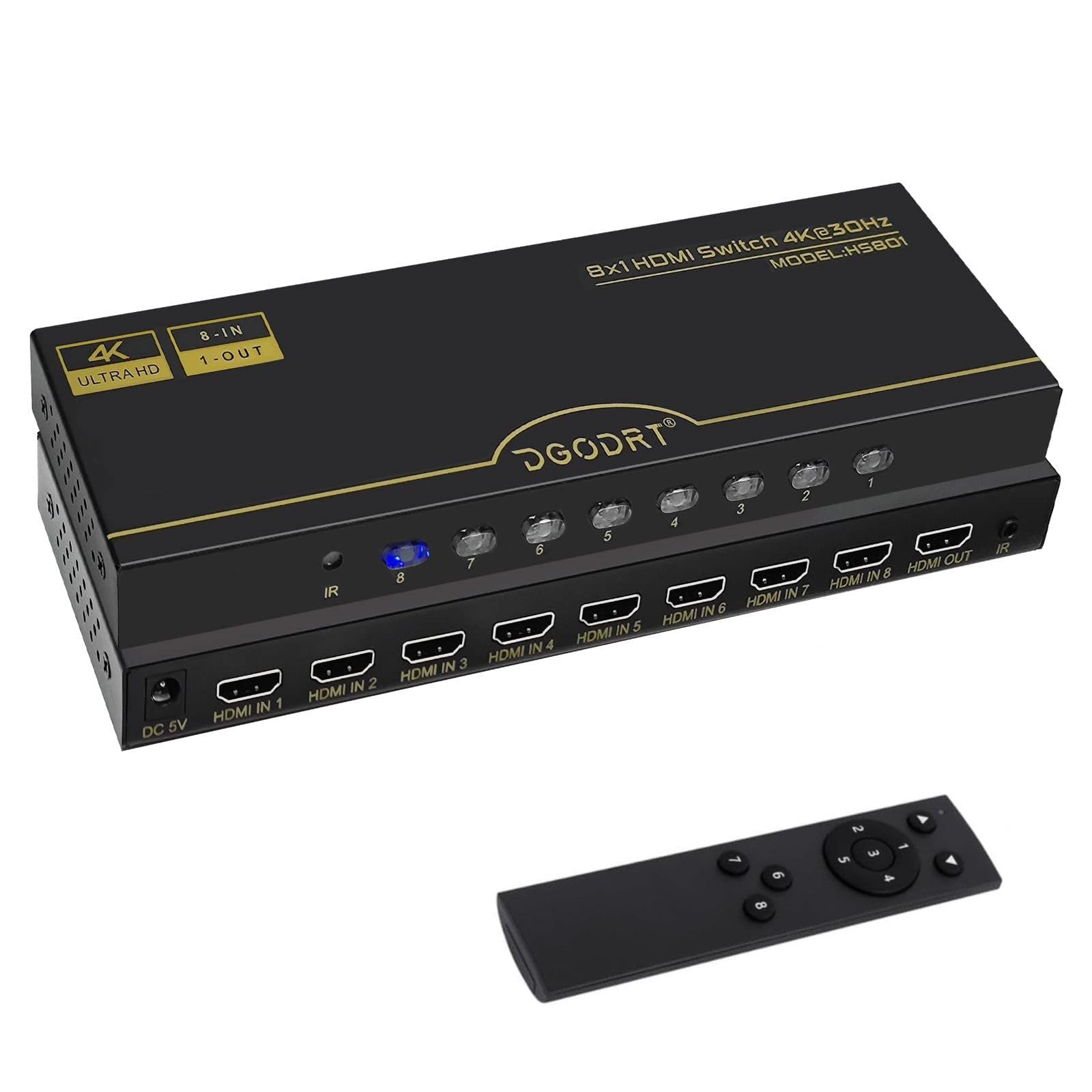 DGODRT 8 × 1 Switch Hdmi 8 Em 1 Saída, Caixa Seletora de Switcher Hdmi de 8 Portas 4K com Controle Remoto Ir, Suporte 4K @ 30 Hz Ultra Hdr Hdcp 3D 1080P para Xbox Ps4 Pc Laptop