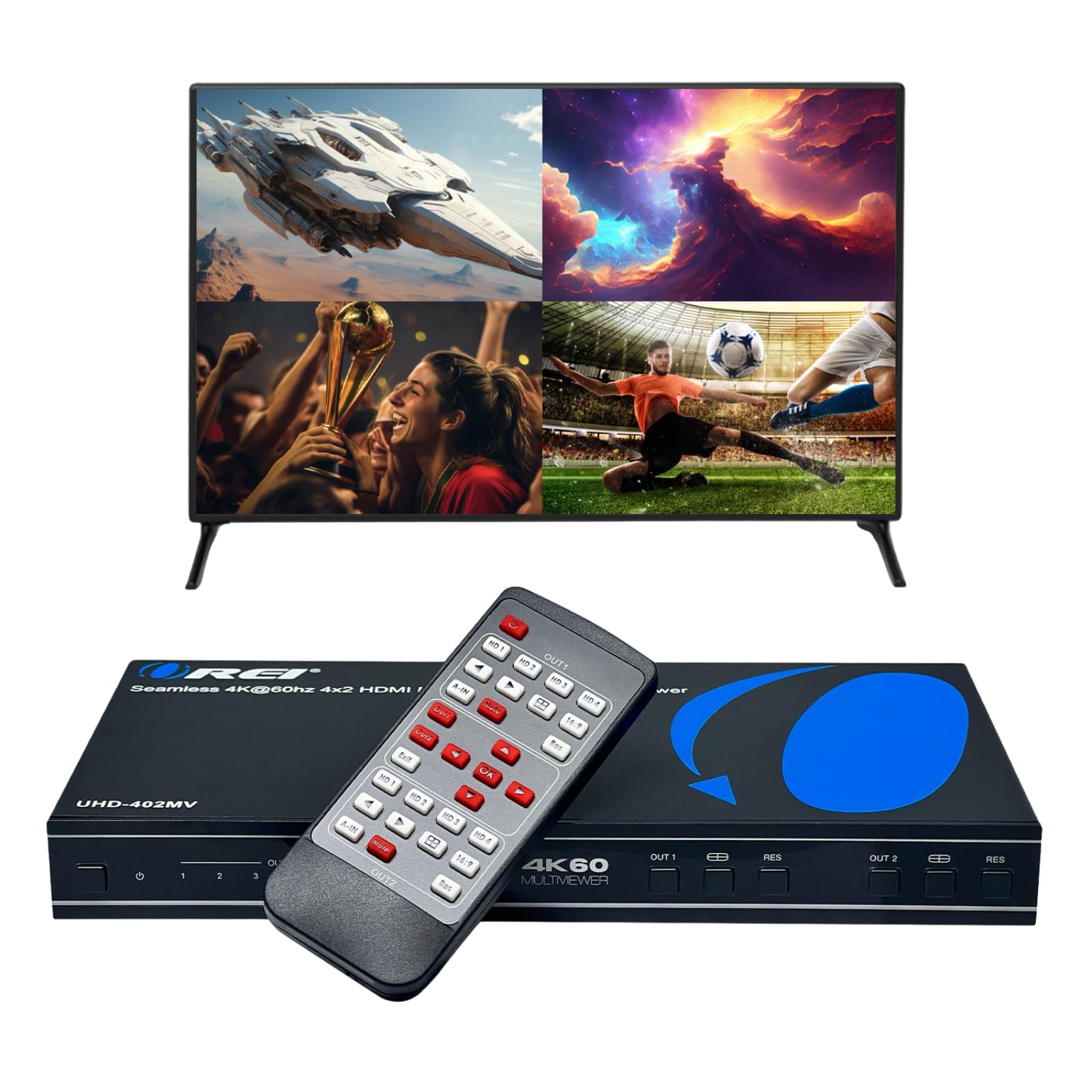 OREI 4K Multi Hdmi Viewer Quad 4 Em 2 Saídas, Matrix Switcher 4 Portas Suporte Remoto Ir Sem Emenda 4K @ 60Hz 1080P para Ps4/Pc/Dvd/Câmera de Segurança, Switch Hdmi Saída de Áudio Óptico L/R - Uhd-402