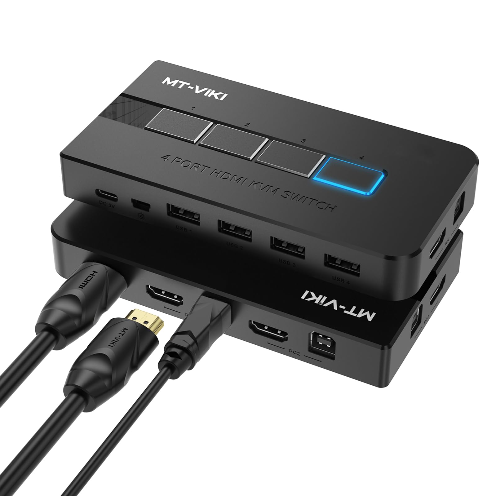 MT-VIKI KVM Switch HDMI 4 portas, 4K @ 30Hz USB HDMI KVM Console para 4 PCs, compartilhe 1 monitor HD e teclado mouse com 4 cabos USB + seletor de desktop