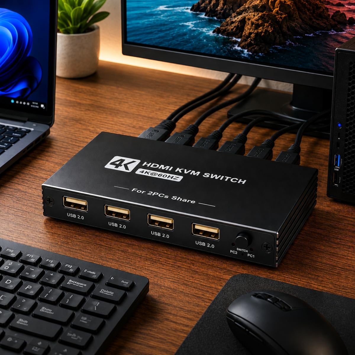 Chaveador HDMI KVM Switch 2x1 4K 60Hz USB 1 Monitor 2 Computadores | Seletor de Switcher para Teclado Mouse Impressora, PC Notebook Laptop, Inclui Cabo Controlador para Alternar entre os PCs