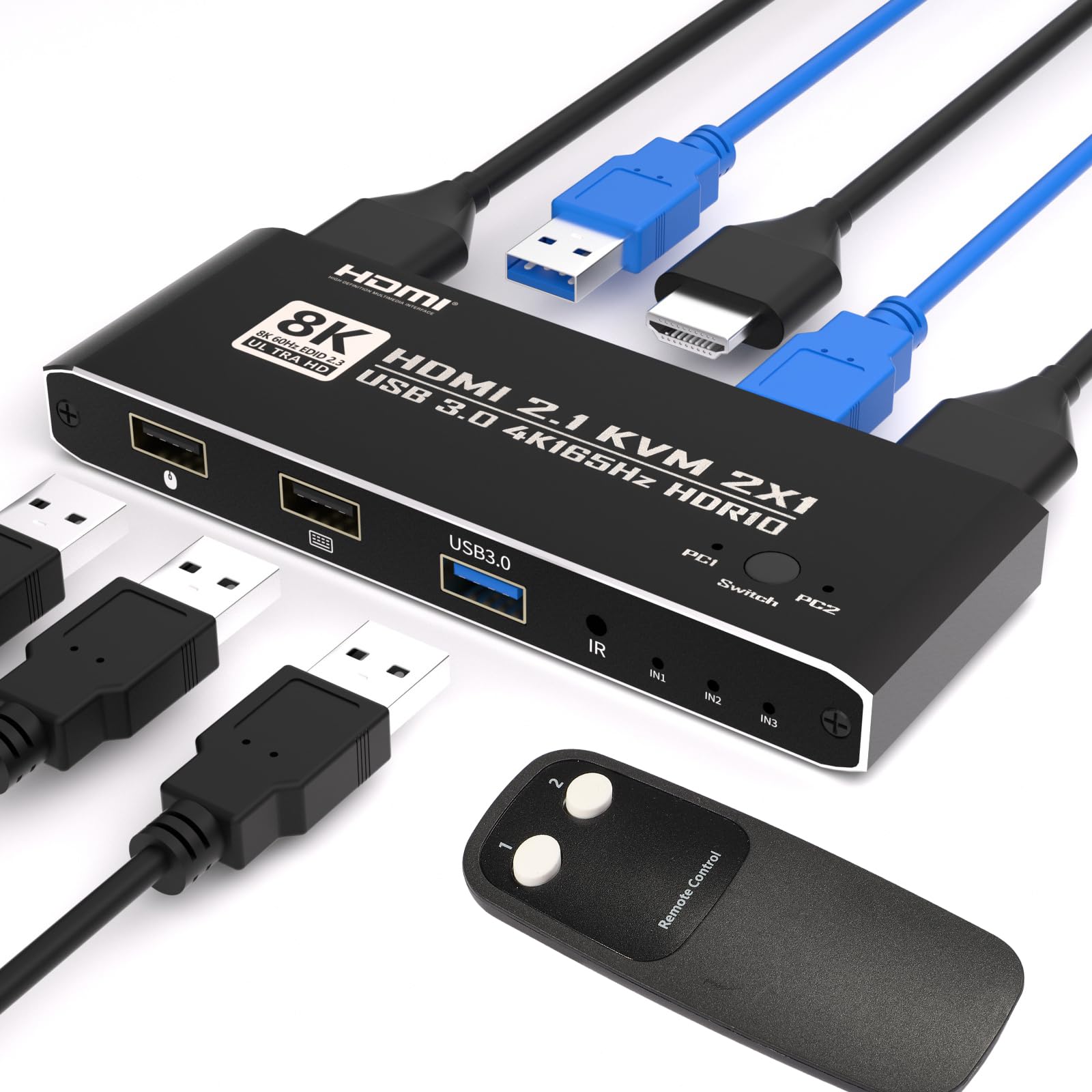 BINZET KVM Switch HDMI 2 em 1 saída para 1 monitor 2 computadores 8K @60Hz 4K @165Hz | Hub HDMI 2.1 USB 3.0 com controle remoto infravermelho, liga de alumínio, HDR10, HDCP 2.2, EDID2.2 adaptável