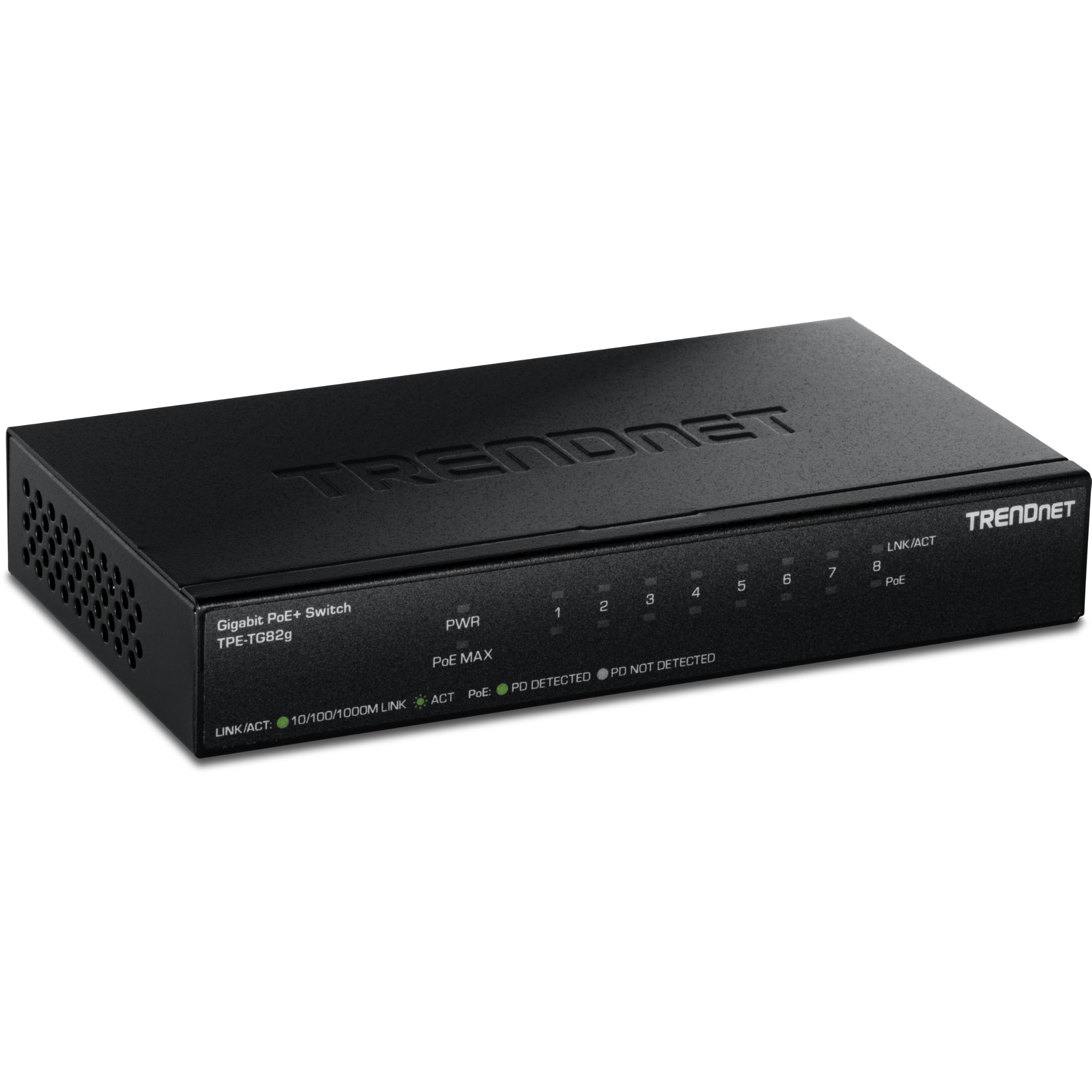 TRENDnet 8 portas GREENnet Gigabit PoE + Switch, suporta dispositivos PoE e PoE+, orçamento PoE de 61 W, capacidade de comutação de 16 Gbps, dados e energia via Ethernet para pontos de acesso PoE e câmeras IP, preto, TPE-TG82G