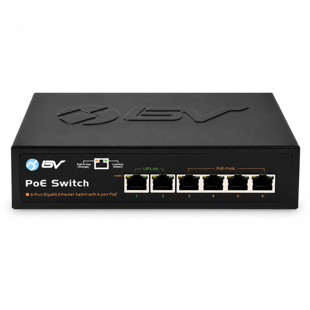 BV -Tech 6 portas PoE+ Switch 4 PoE+ portas Gigabit com 2 Gigabit Uplink – 60W – 802.3at + 1 PowerPort alta | Design sem ventilador de mesa | Caixa de metal resistente