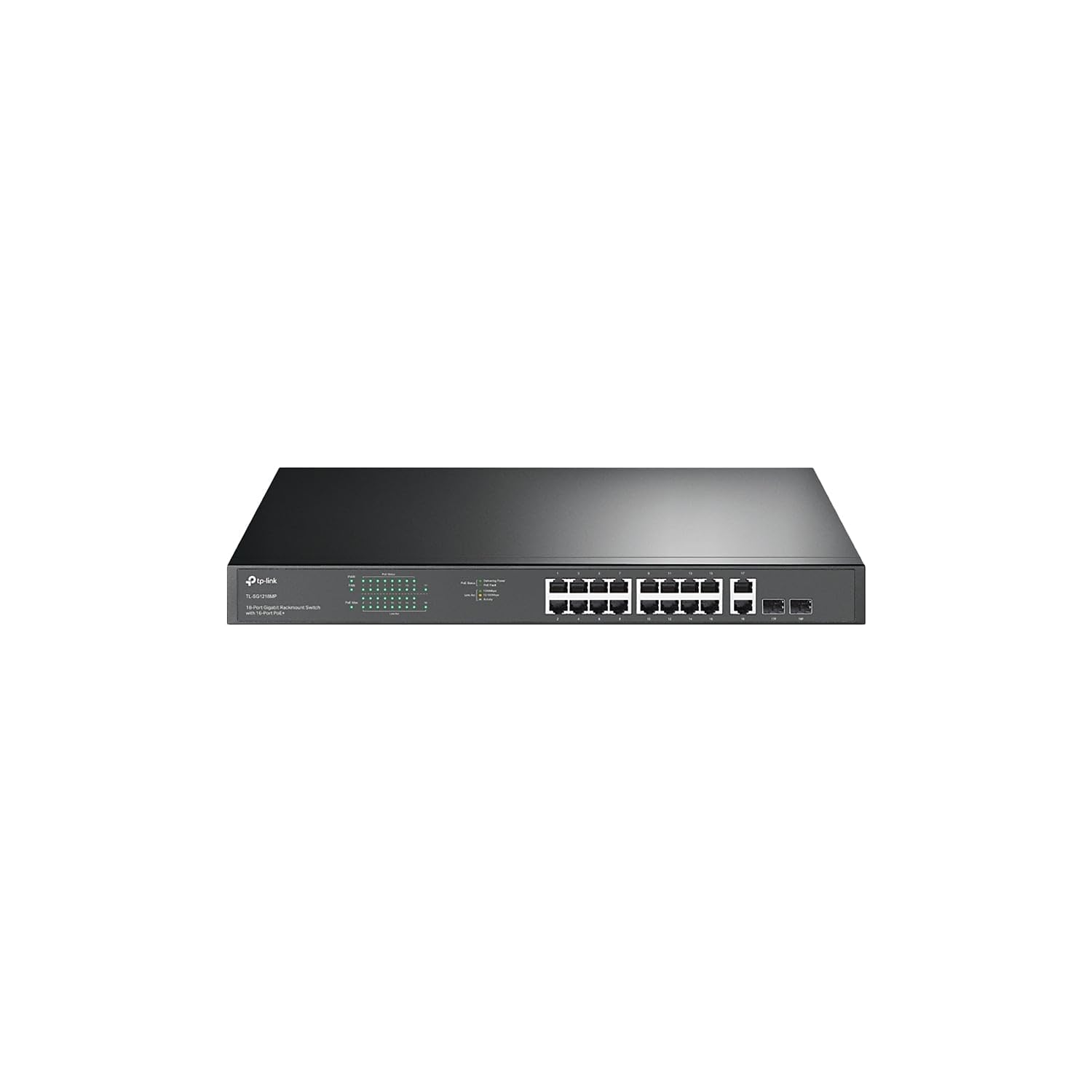 TP-Link Switch Gigabit PoE TL-SG1218MP de 16 portas, 16 portas PoE+ a 250W, com 2 portas Gigabit uplink + 2 compartimentos SFP combo Plug & Play de metal resistente montável em rack