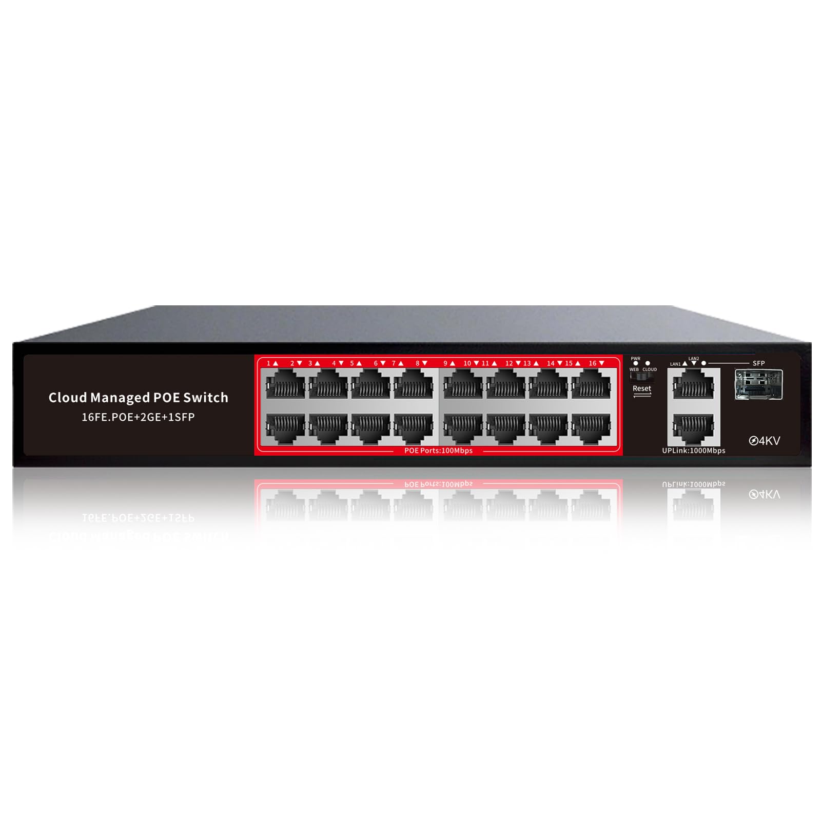 Interruptor PoE com 16 portas POE +2 Gigabit Uplink, 1 x 1G SFP, 802.3af/at PoE+ 100Mbps, 200W potência integrada, estenda até 250 metros, plug and play de metal não gerenciado