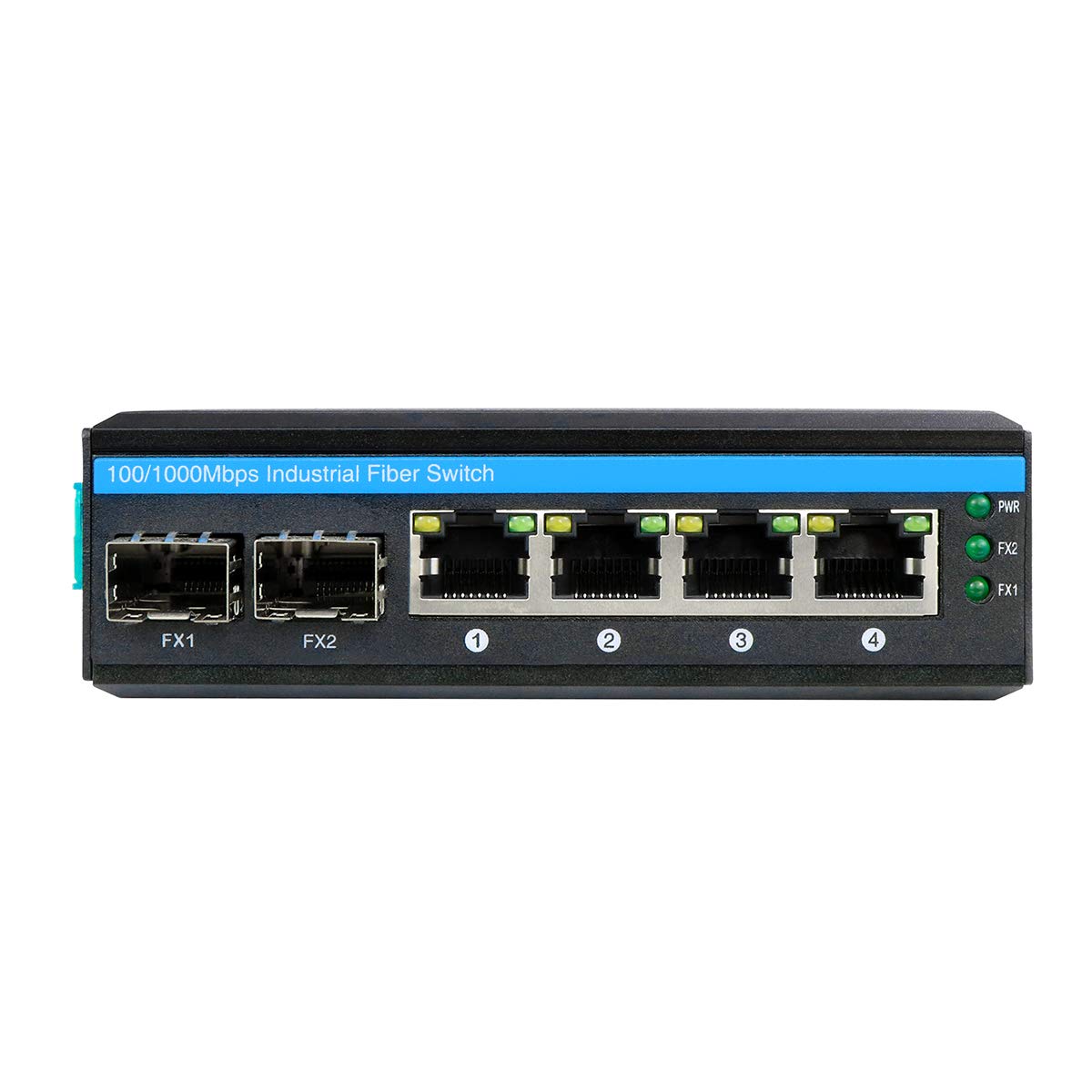 Switch de Rede Industrial Reforçado de 6 Portas Gigabit Poe+ para Trilho Din com Fibra Óptica: 4 Portas Gigabit Poe+, 2 Portas de Fibra Óptica Sfp de 1,25G, 120W para Uso Externo.