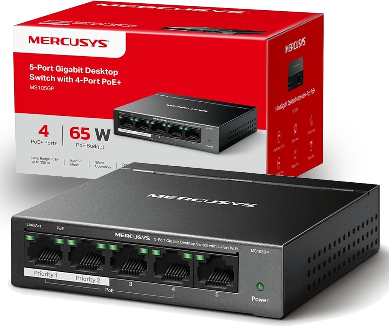 SWITCH DE MESA 5 P GIGABIT C/ 4 PORTAS POE+ MS105GP | 5 portas Gigabit. Potência PoE 30W. Design sem ventilador, silencioso. Caixa metálica.