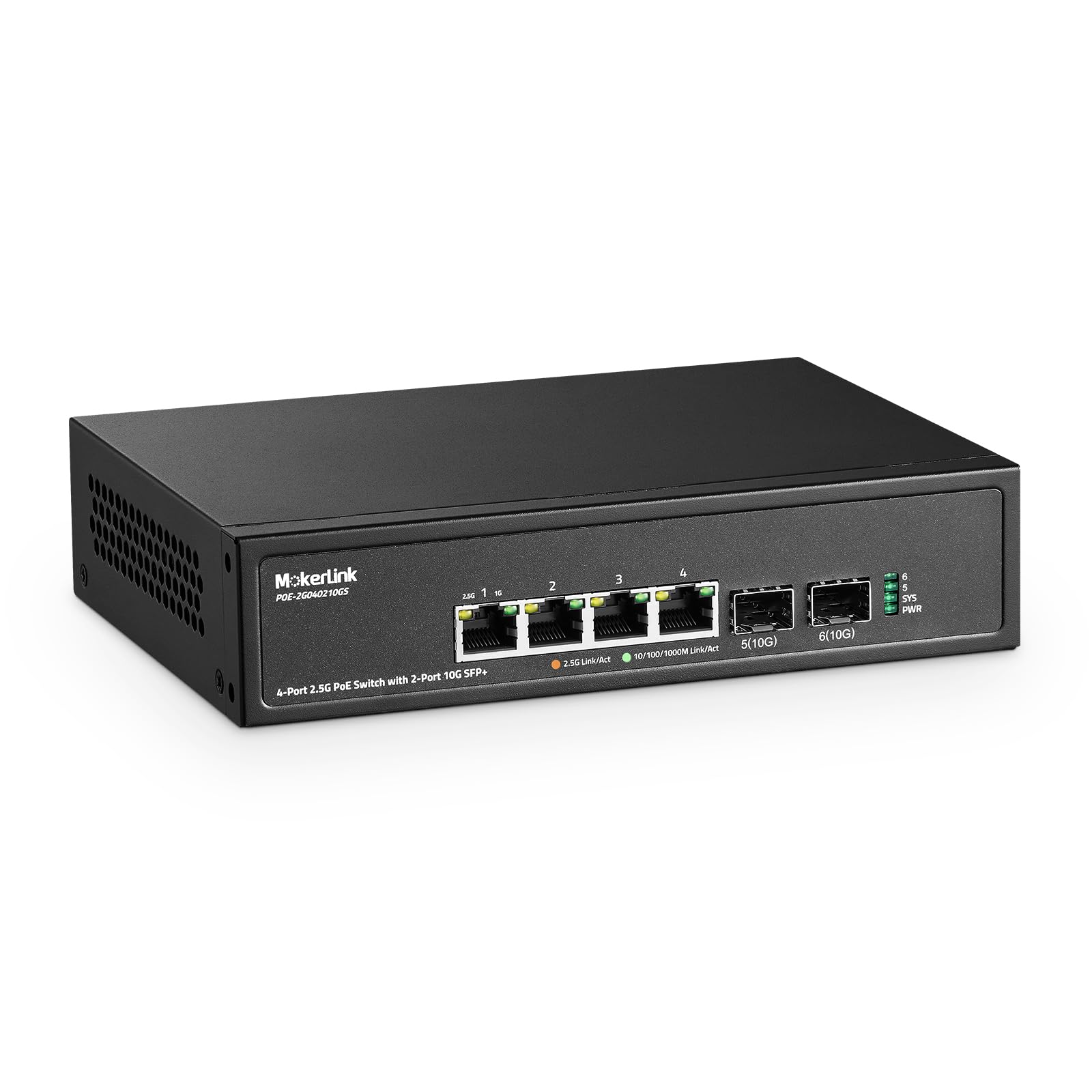 MokerLink Switch Poe 4 Portas 2.5G com 2 Slots Sfp+ 10G, 4 Portas 2.5G Base-T Compatíveis com 10/100/1000Mbps, Poe Ieee8023Af/At 78W, Switch de Rede Pequeno, Não Gerenciável e Sem Ventoinha, Em Metal