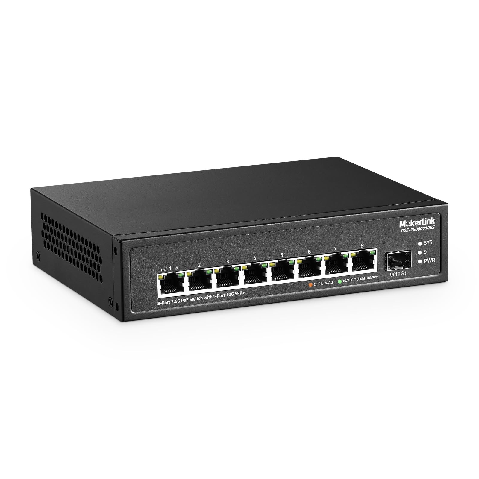 MokerLink Switch Poe de 8 Portas 2.5G com Slot Sfp+ 10G, 8 Portas 2.5G Base-T Compatíveis com 10/100/1000Mbps, Poe Ieee8023Af/At 135W, Switch de Rede Pequeno, Não Gerenciável e Sem Ventoinha.