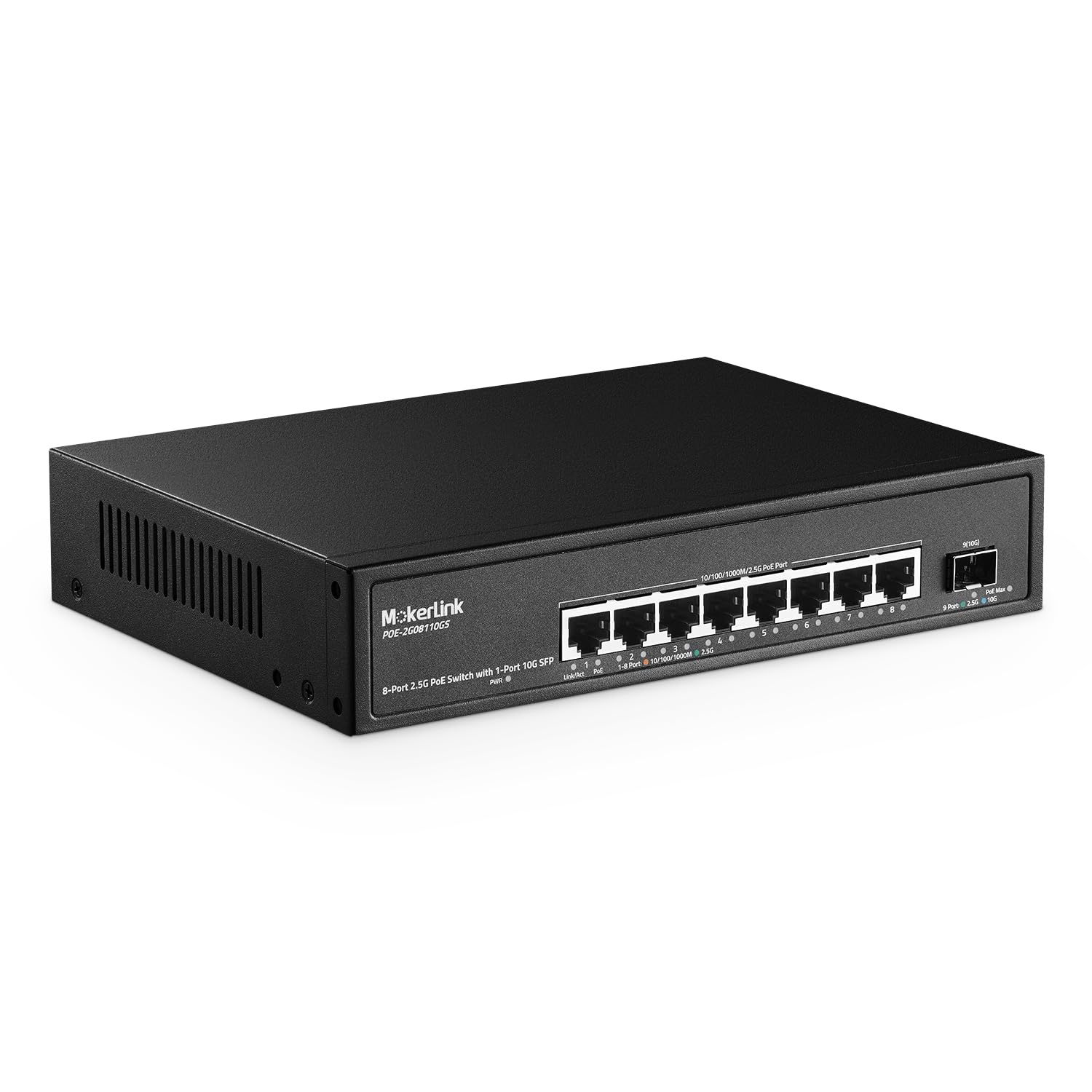 MokerLink Switch Poe de 8 Portas 2.5 Gigabit com Sfp de 10G, 8 Portas Ethernet 2.5G, 8 Portas Poe Ieee802.3Af/At, 120W, Compatível com 10/100/1000Mbps, Switch de Rede Não Gerenciável Sem Ventoinha