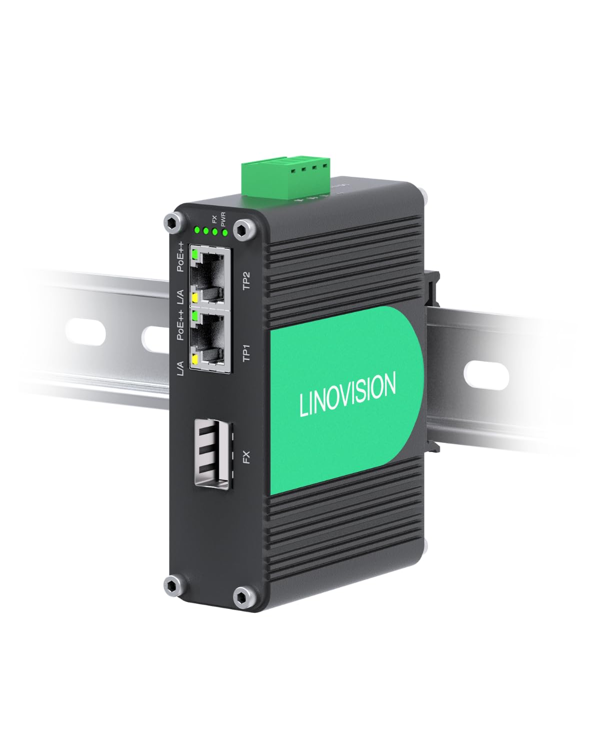 LINOVISION Switch Poe++ Gigabit Bt90W Industrial de 2 Portas com Uplink de Fibra Sfp, Mini Switch Poe Ieee802.3Af/At/Bt, Ip40, Injetor Poe Compacto para Câmera Ptz, Iluminação Poe, Telefone Voip, Ap