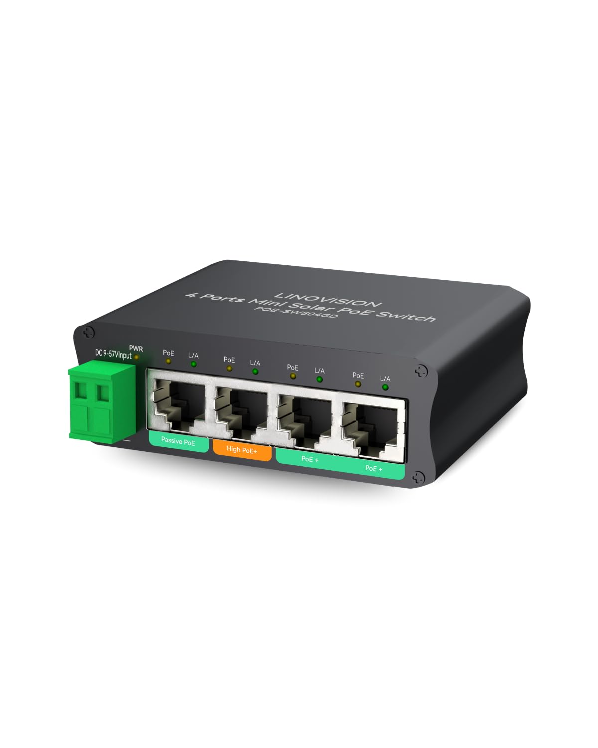 O Mini Switch Solar PoE de 4 Portas LINOVISION funciona diretamente com baterias DC12V ou DC24V, 2 portas PoE+, 1 porta High PoE+ para câmeras PTZ grandes e 1 porta PoE passiva de 24V para Bridge