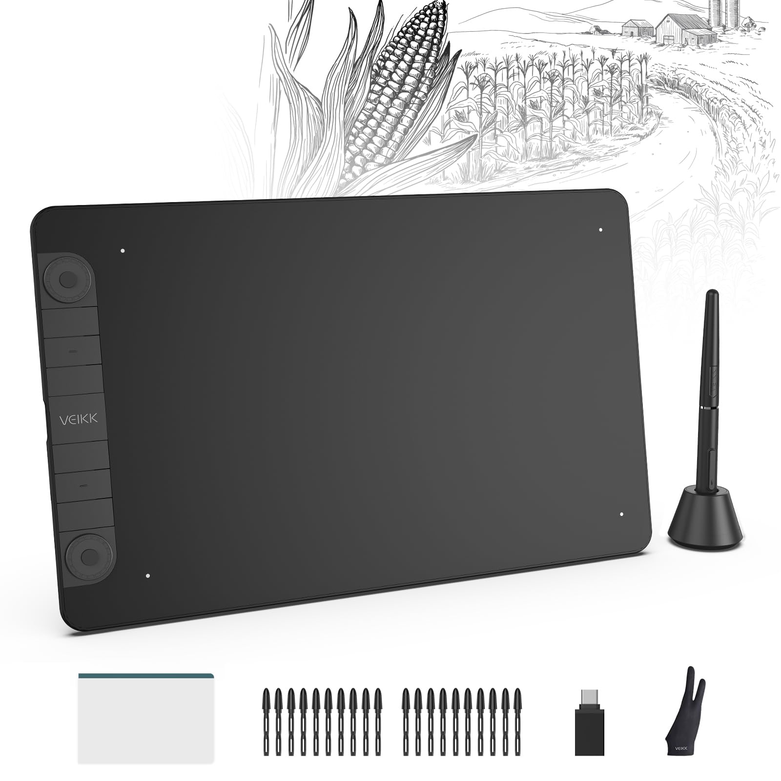 VEIKK Tablet de desenho VK1060PRO 16384 níveis de pressão - Tablet gráfico de 25 x 15 cm com rodas duplas de rolagem, caneta sem bateria, suporte de inclinação, compatível com Windows/Android/Linux