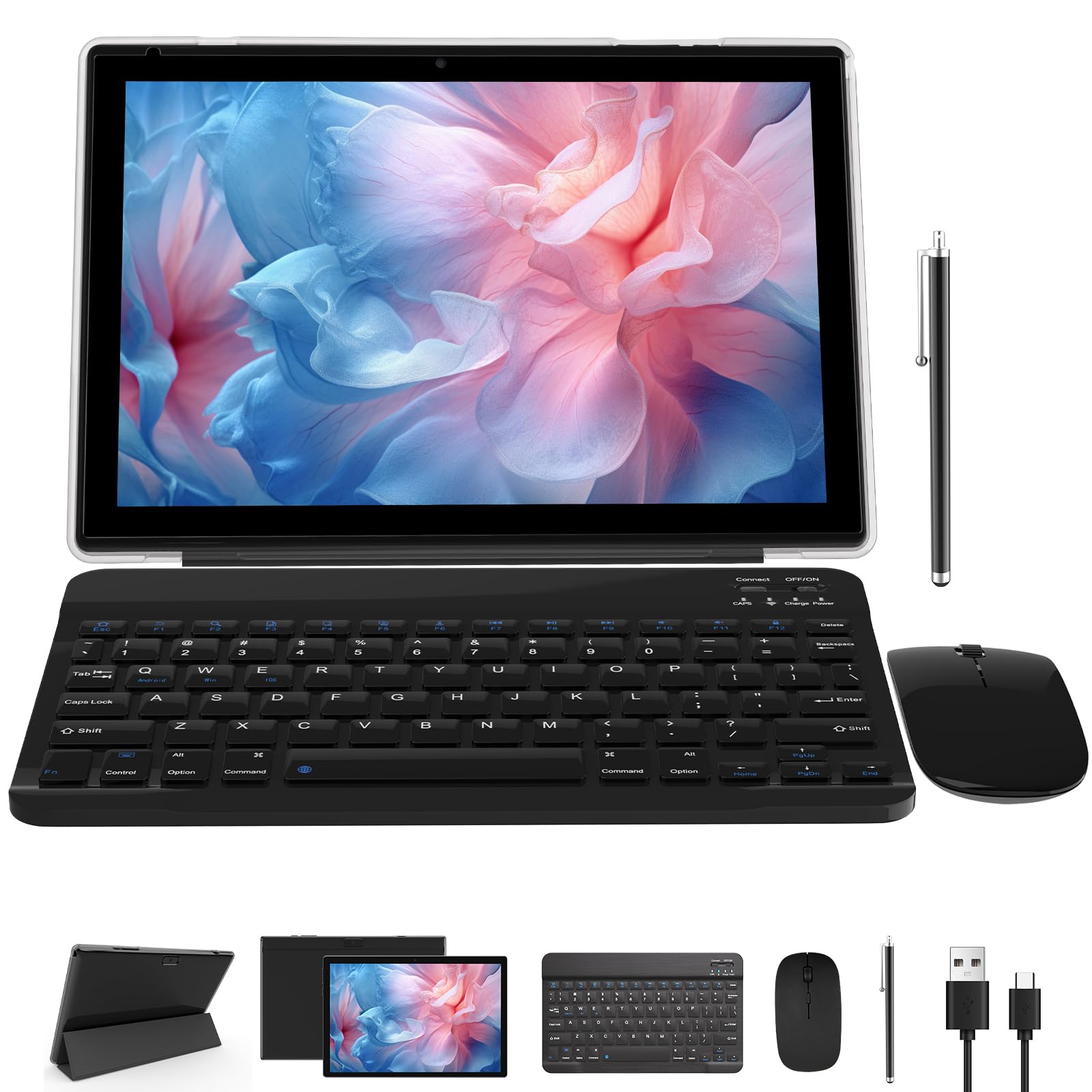 NOVOJOY Tablet 2 Em 1 de 10" Android 12 os Tableta, Tablets com Teclado, Mouse, Estojo, Caneta, 64 Gb Rom + 4 Gb Ram, Câmera Dupla de 2 Mp + 8 Mp, Processador Quad Core, Bateria de 6000 Mah, Guia Fhd