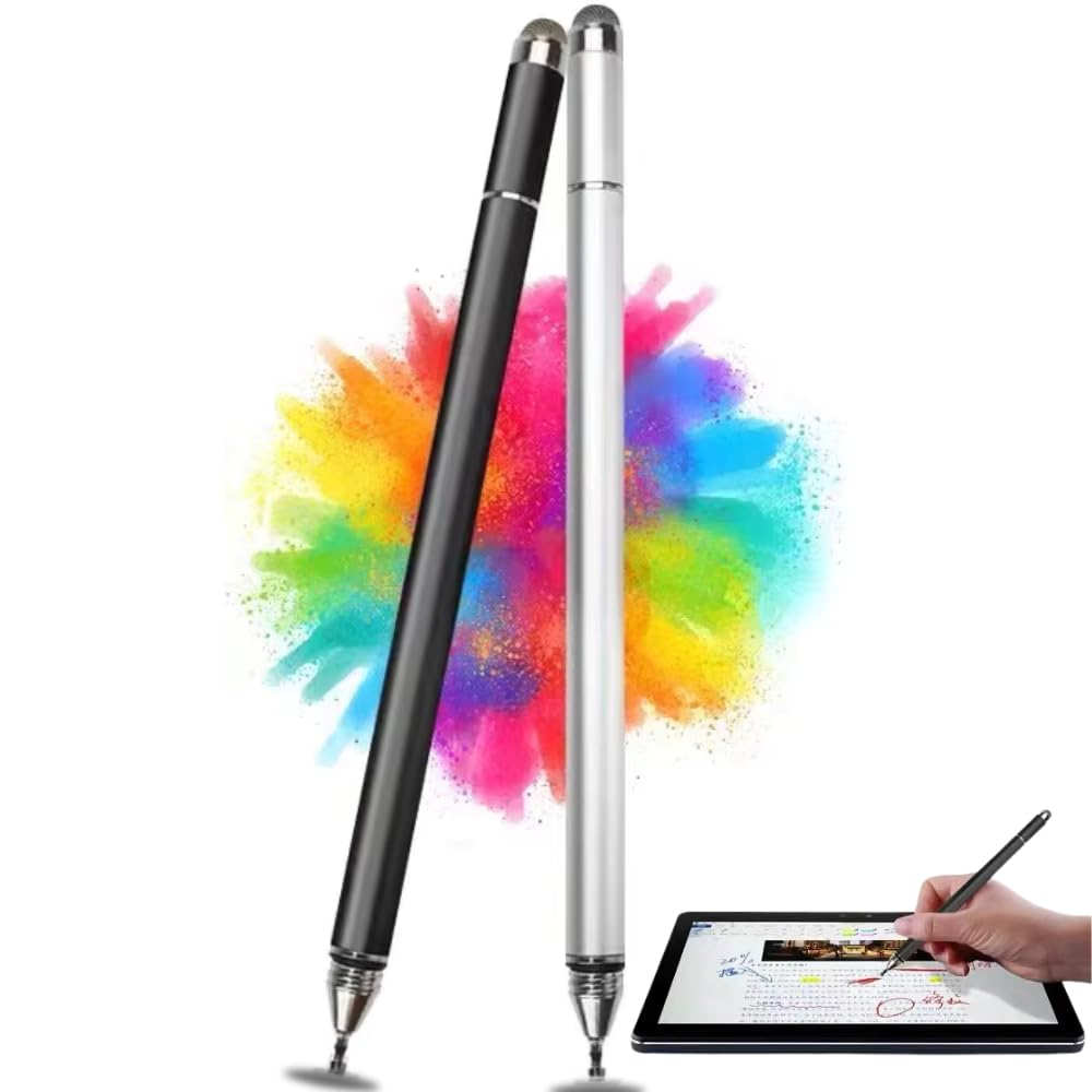Caneta Stylus Capacitiva 2 em 1 Universal Para Telas Touch Tablets, smartphones e notebooks compatíveis com Apple, Samsung, Xiaomi, Motorola Sem Bateria, Sem Bluetooth Alta Precisão (Preto)