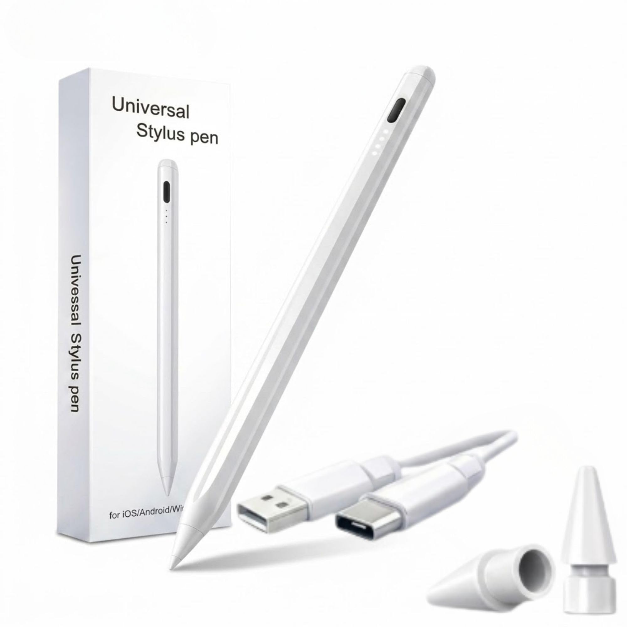Caneta Touch Universal Stylus para Tablet iPad Android, Ponta Fina de 0.9mm Alta Precisão, Carregamento USB-C com Indicador LED de Bateria, Magnética - Premium Pencil Branca Duas Pontas