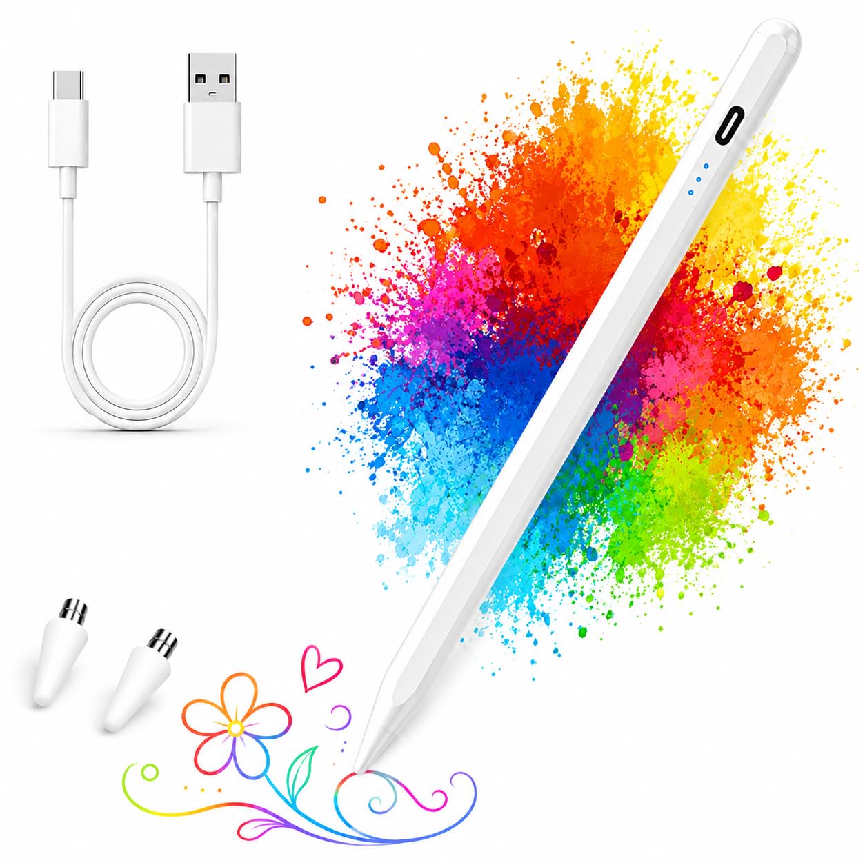 Caneta Digital Capacitiva Universal Touch Screen Recarregavel USB Ponta Fina 1.5mm Indicador LED Compatível com Android ou IOS