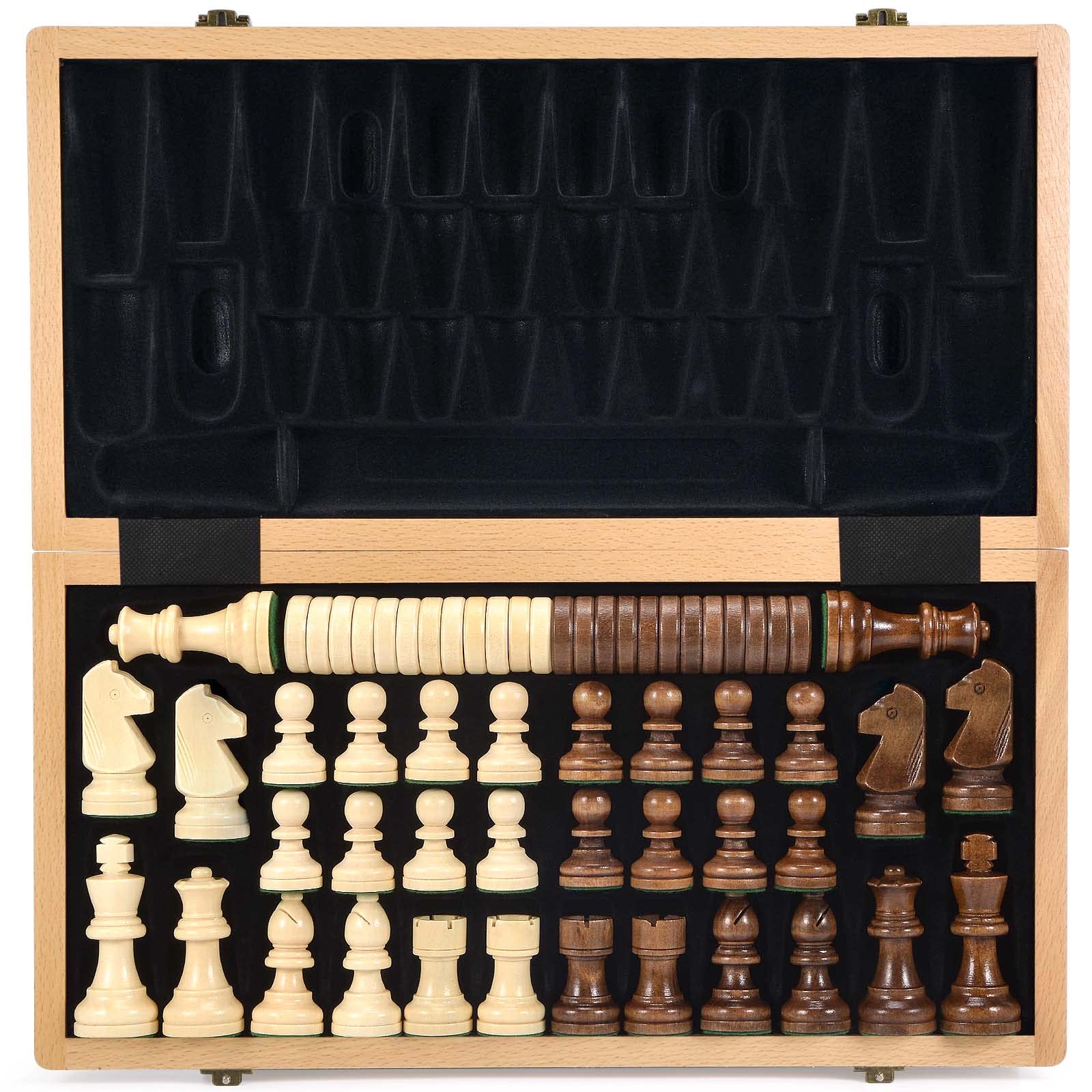 AMEROUS Conjunto De Xadrez E Damas De Madeira De 15 Polegadas Com Peças De Xadrez Ponderadas Atualizadas - 2 Queen Extra -24 Peças Cherkers -Instrução -Slots De Armazenamento De Xadrez, Jogos De Tabul