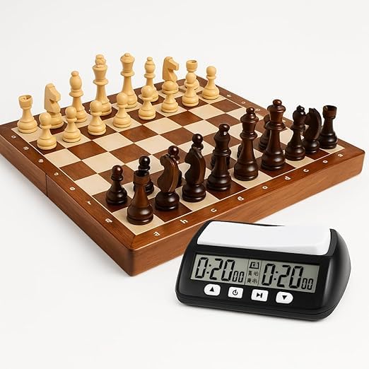 Jogo de Xadrez Profissional 39x39cm em Madeira Dobrável com Estojo Aveludado e Relógio Digital - Kit Completo de Luxo para 2 Jogadores, a Partir de 6 Anos