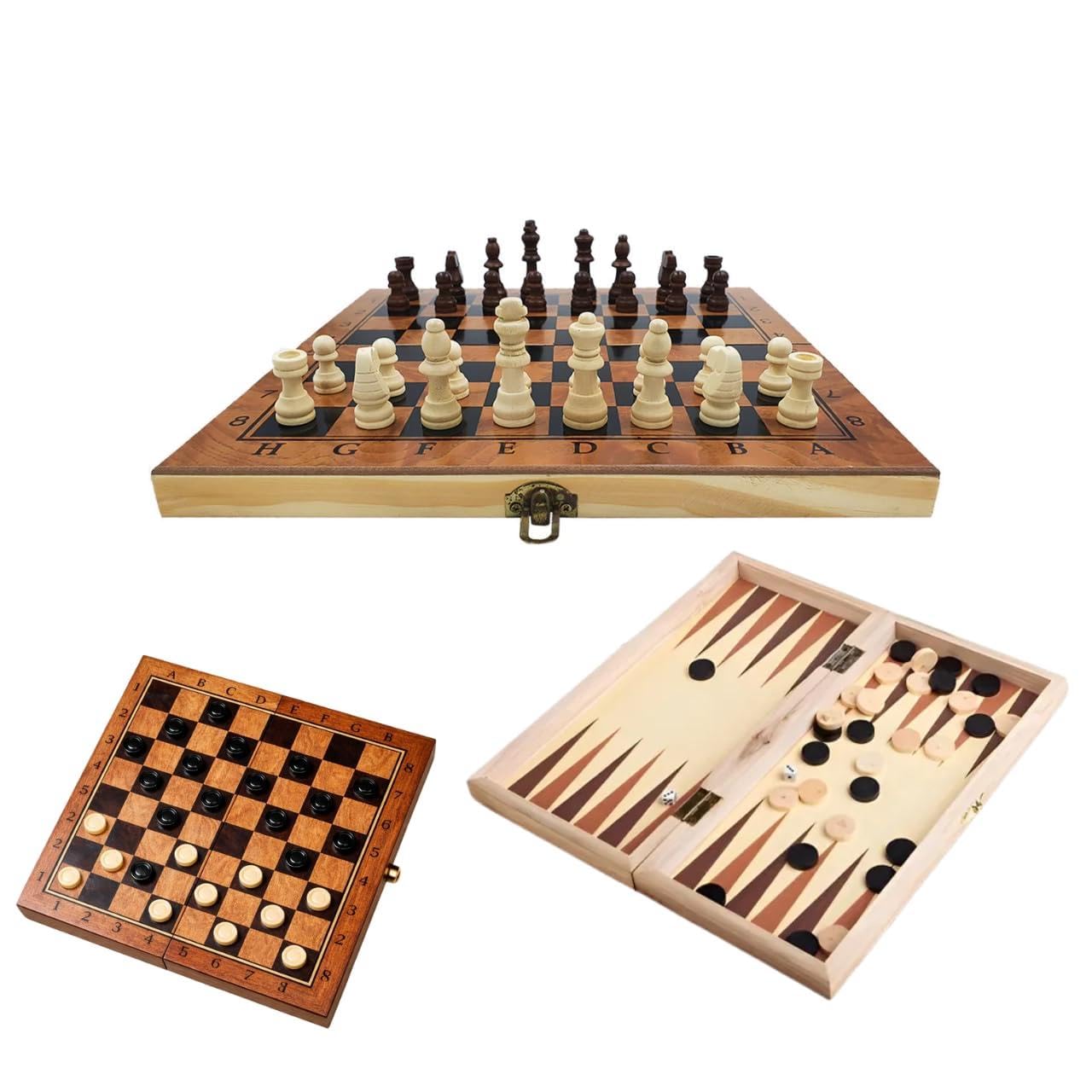 Jogo Xadrez Dama Gamão 3 em 1 Dobrável em Madeira 30x30 cm – Portátil, Leve e Ideal para Viagens e Passeios