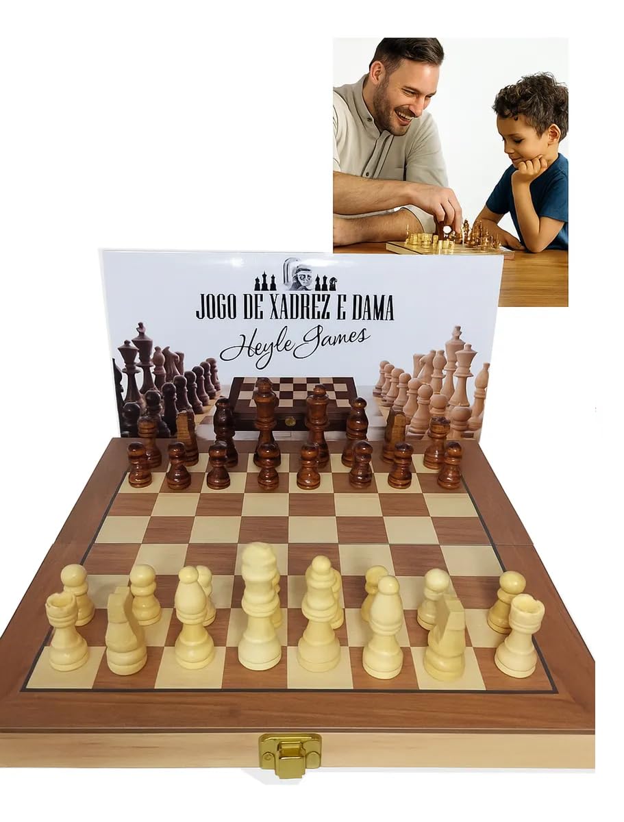 Jogo de Xadrez e Dama em Madeira, Tabuleiro Profissional 30x30 cm, Peças com Acabamento de Qualidade, 2 Jogadores, a partir de 8 Anos