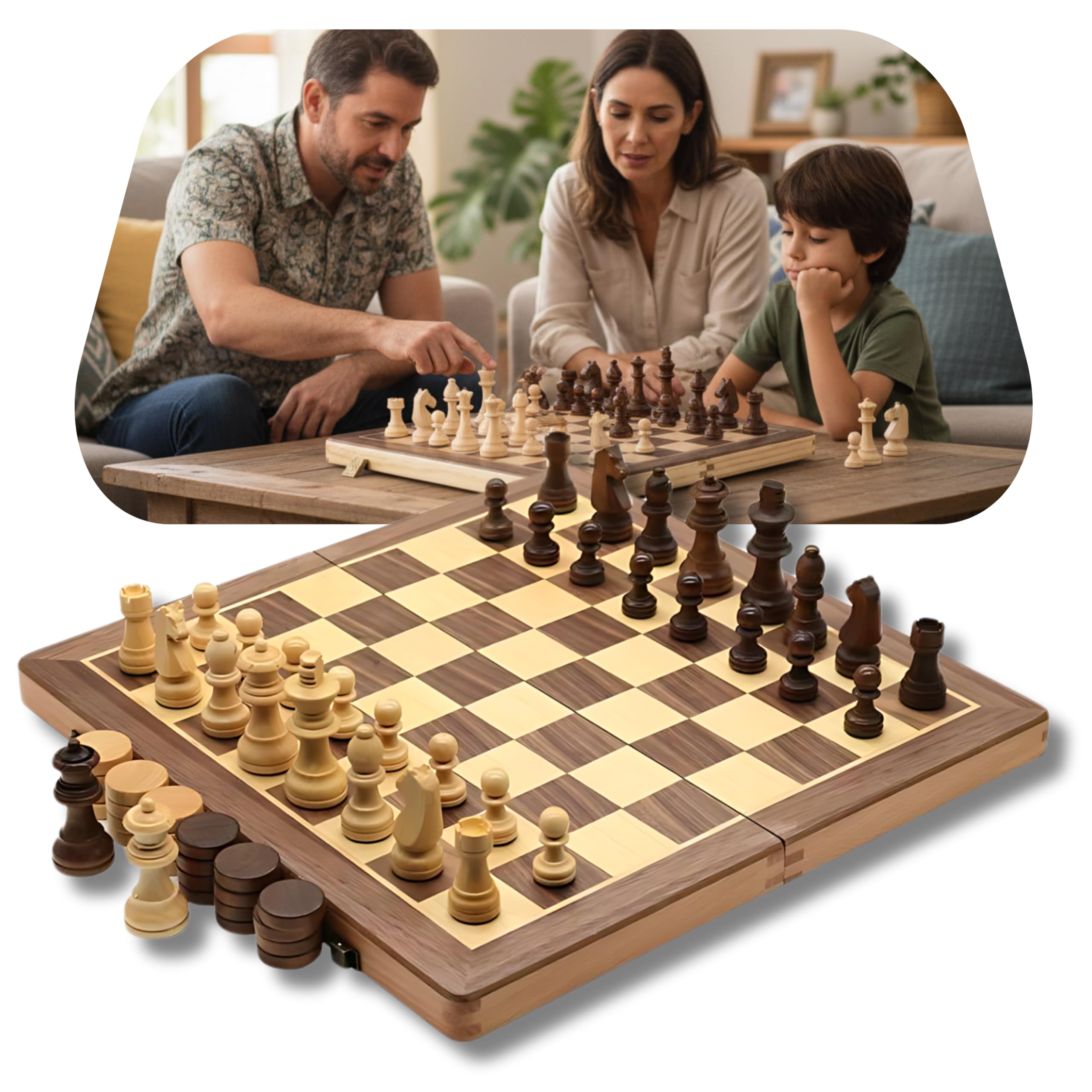 Tabuleiro Jogo Xadrez e Damas 2 em 1 Clássico Profissional Grande 39x39 cm Luxo Tabuleiro Peças 100% Madeira Reflorestada Acabamento em Verniz com Par de Rainhas Extras