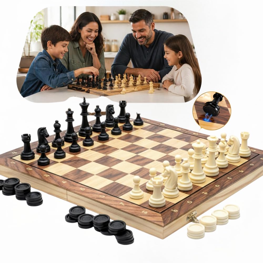Jogo de xadrez Magnético 3 em 1, Damas e gamão em madeira, Tabuleiro Dobrável 24x24 cm, Peças de Resina, Estilo Estojo Clássico Profissional