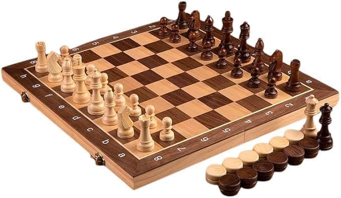 Jogo de Tabuleiro 2 em 1 em Madeira Verniz, Jogo de Xadrez e Damas Profissional, Peças e Tabuleiro Dobravel em Madeira com Trava, Luxo. 30CM, Kit Jogo de Mesa Familia
