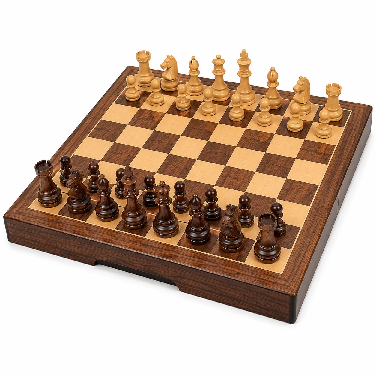 Jogo de Xadrez Magnético de Madeira 39x39cm Dobrável e Portátil, Presente | Fechamento magnético do estojo, forro interno em veludo, inclui 2 rainhas extras