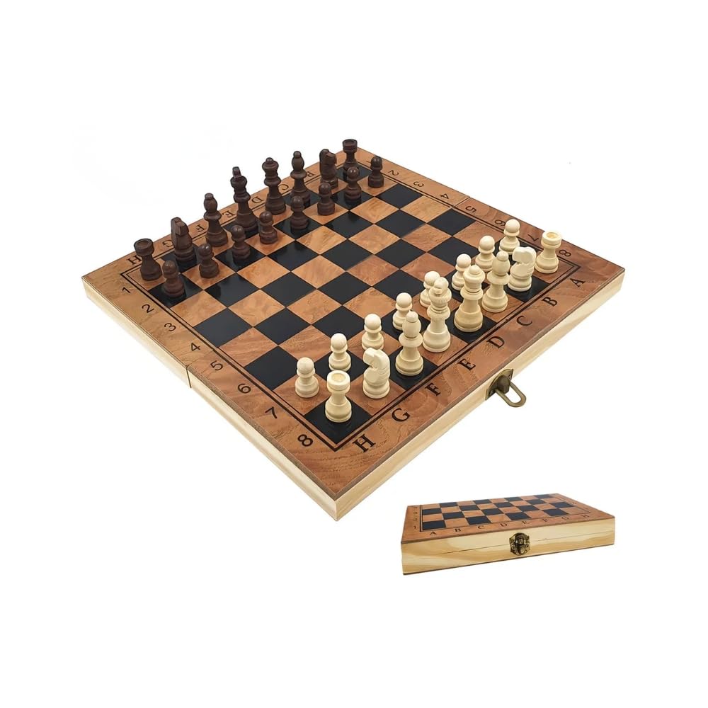 Jogo de Xadrez e Gamão de Madeira, Dobrável, com Peças Incluídas, Tabuleiro 2 em 1, 24x24cm