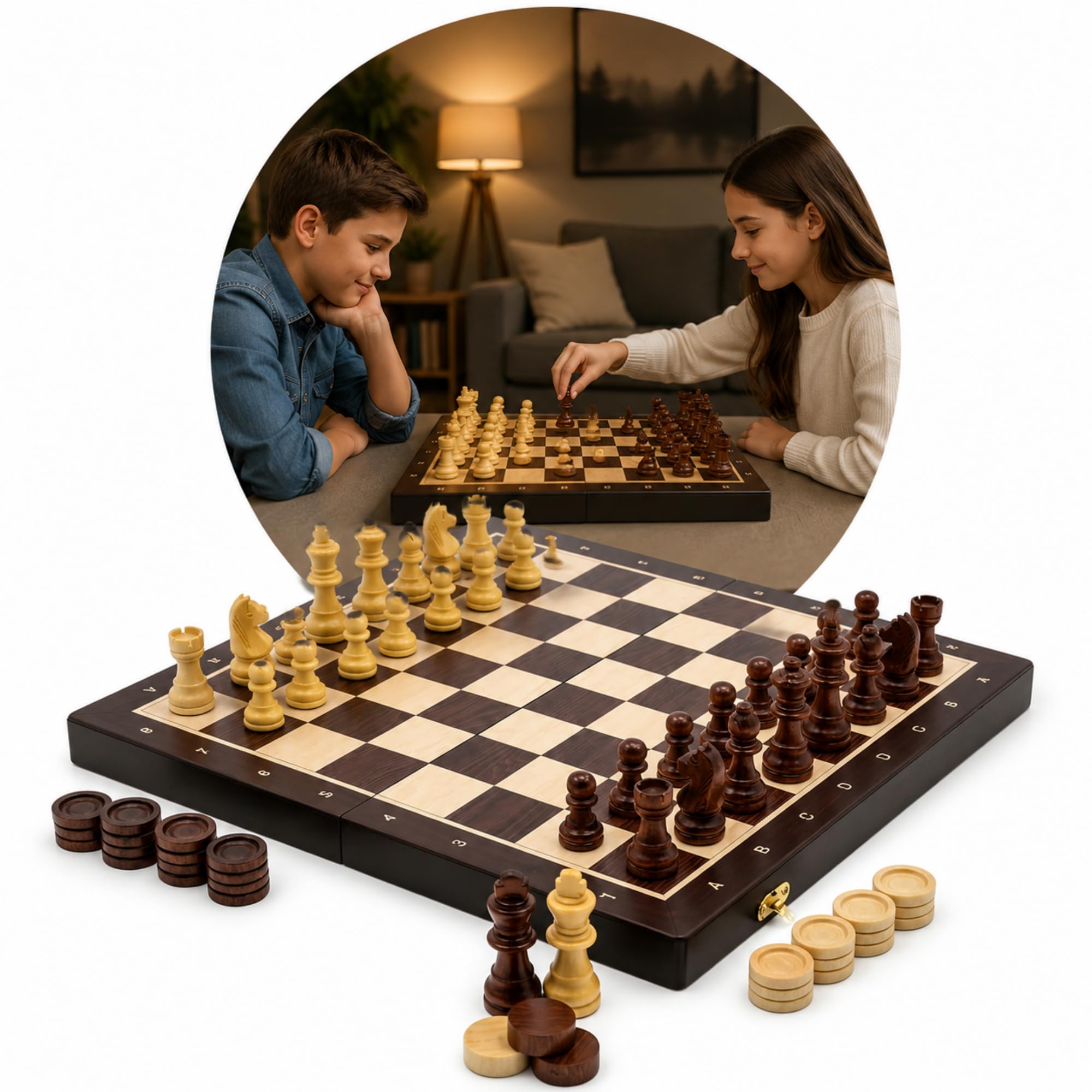 Jogo de Xadrez Damas Magnético 2 em 1 Tabuleiro Dobrável 30x30CM 100% Madeira Escura Reflorestada Luxo Tranca de Metal Organzizador de Peças Interno Compacto Profissional Estratégia