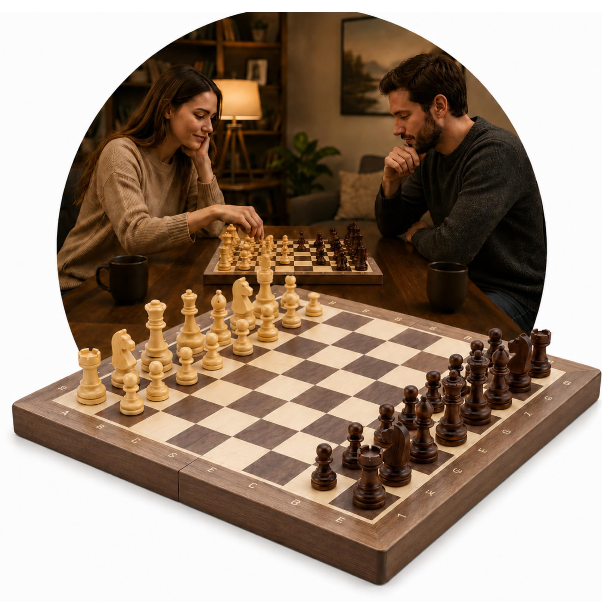 Jogo de Xadrez 40x40cm Magnético Tabuleiro Dobrável Madeira 100% Reflorestada Peças Vernizadas Profissional Organizador de Peças Compacto Estratégia Recreação Luxo