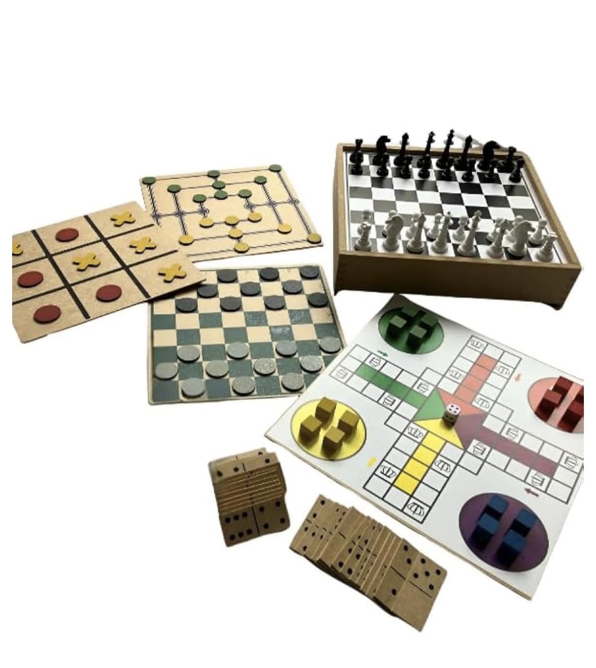 Jogo de Tabuleiro 6 em 1 Clássico Madeira 28x28cm | Xadrez, Dama, Ludo, Trilha, Jogo da Velha e Dominó Inclusos, 2 a 4 Jogadores, A partir de 3 Anos, Madeira e Plástico