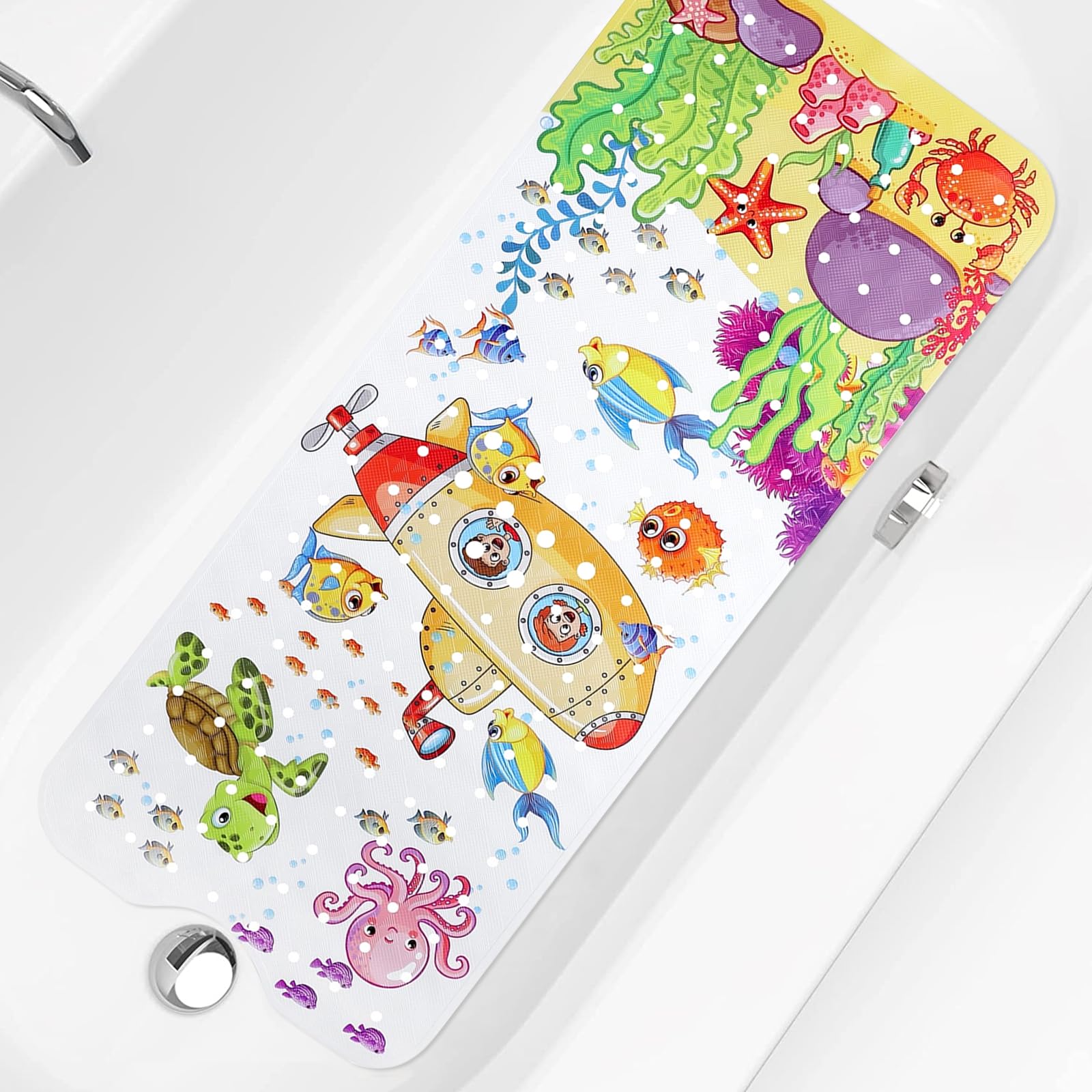 Tapete de banho infantil de 101,6 x 40,6 cm, antiderrapante, com ventosa, orifícios de drenagem, tapete de chuveiro infantil, lavável na máquina, tapete de chuveiro reutilizável para banheira e