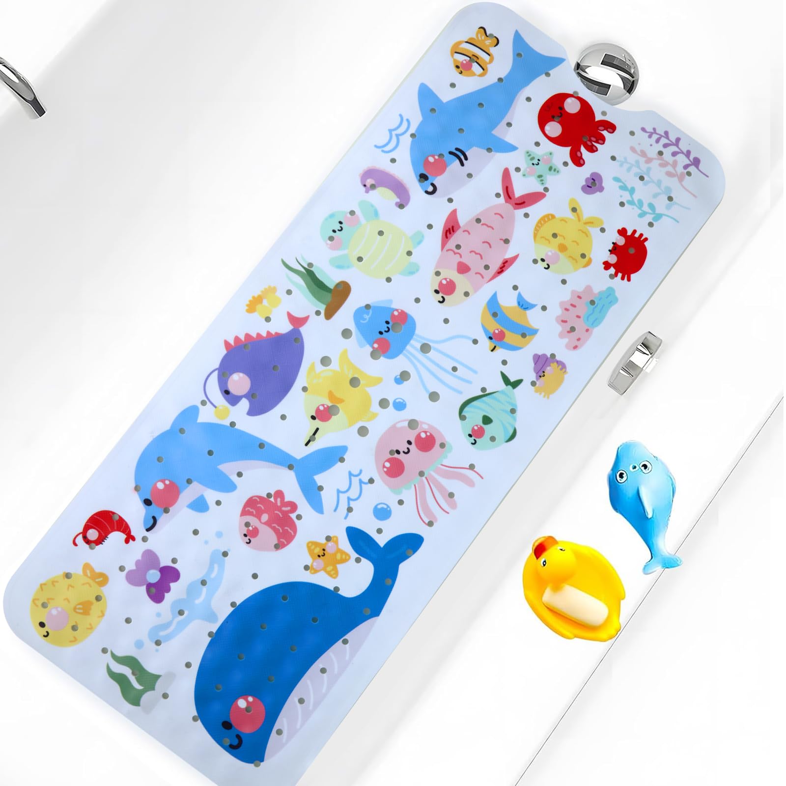 Tapete de banho infantil antiderrapante para banheira extra longo 102 x 40 cm, tapete de chuveiro antiderrapante com ventosas e orifícios de drenagem, lavável na máquina (peixes do mar)