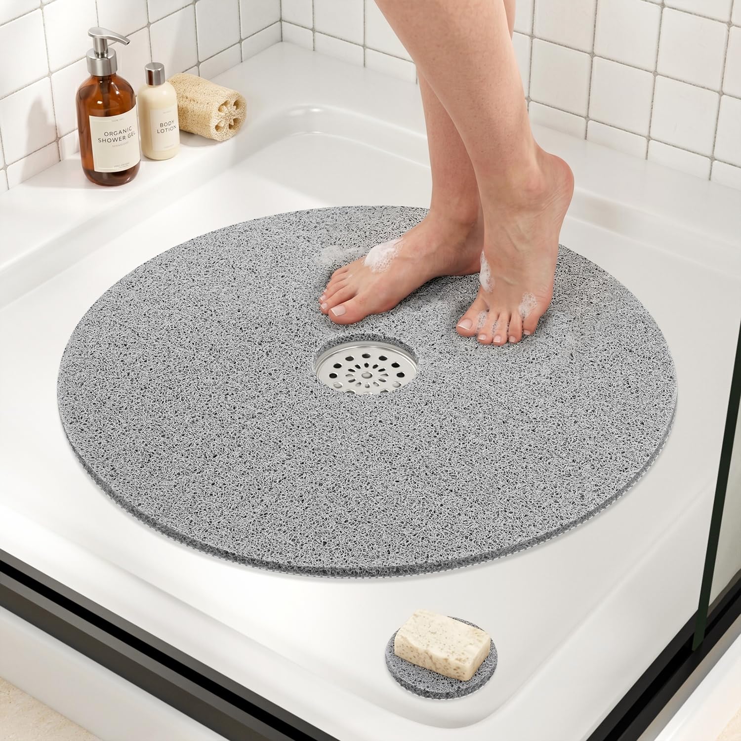 HITSLAM Tapete de chuveiro antiderrapante, tapete de banho redondo de 61 cm de diâmetro com orifício de drenagem no meio, bucha de PVC macio e tapete de chuveiro de secagem rápida para box de chuveiro