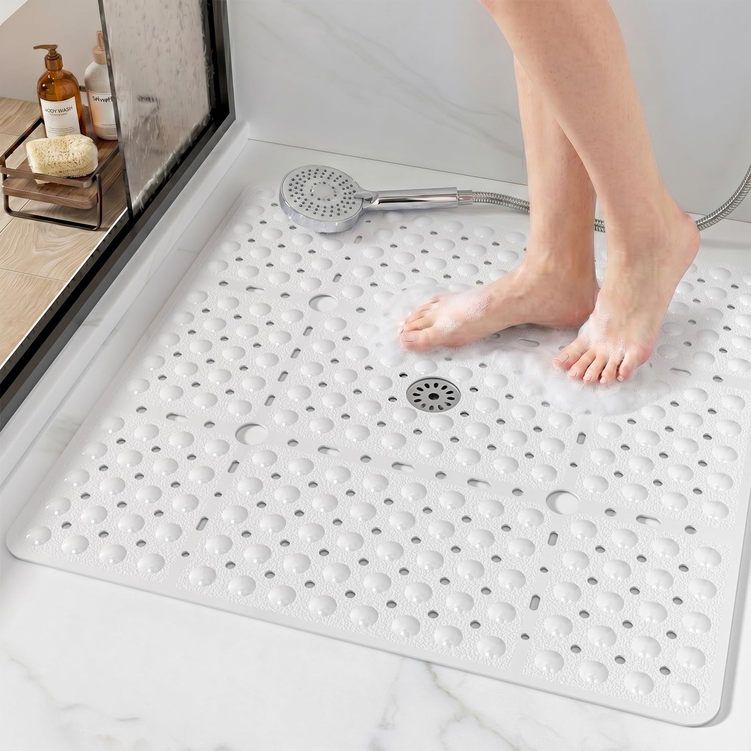HITSLAM Tapete de chuveiro quadrado, 68 x 68 cm, extra grande, antiderrapante, tapete de chuveiro antiderrapante com ventosas fortes e orifícios de drenagem, lavável na máquina, branco