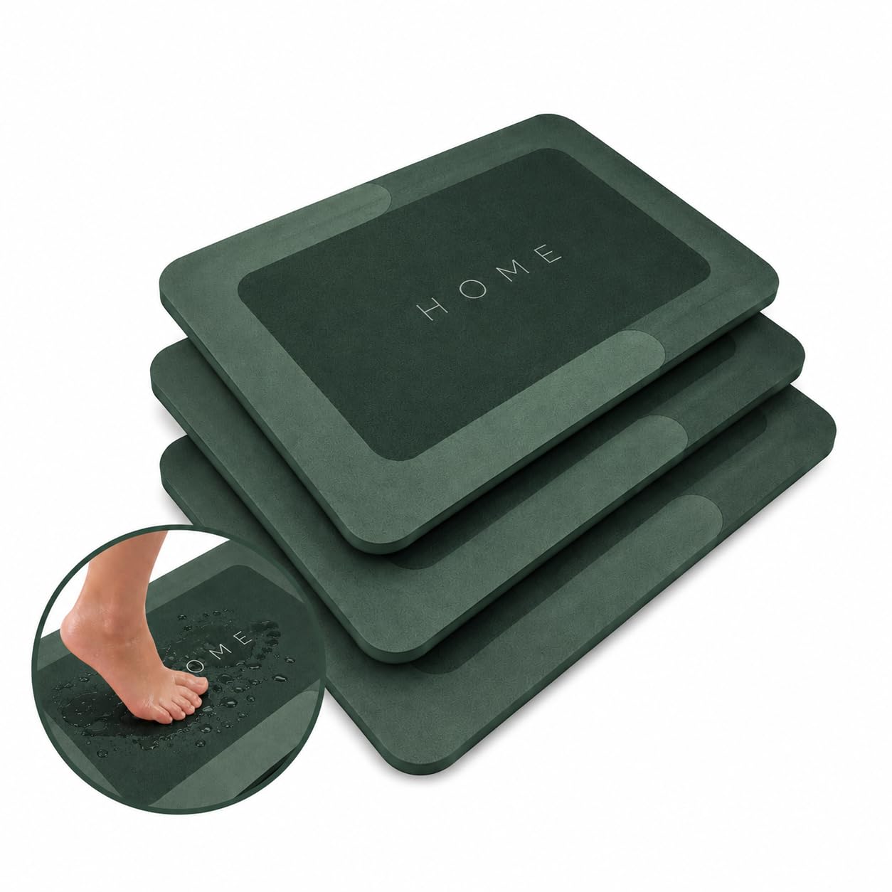 Kit Com 3 Tapetes Para Banheiro Antiderrapante Super Absorvente Secagem Rápida 60x40cm Base Antiderrapante Para Saída De Box Pia Cozinha Lavanderia E Entrada - Verde