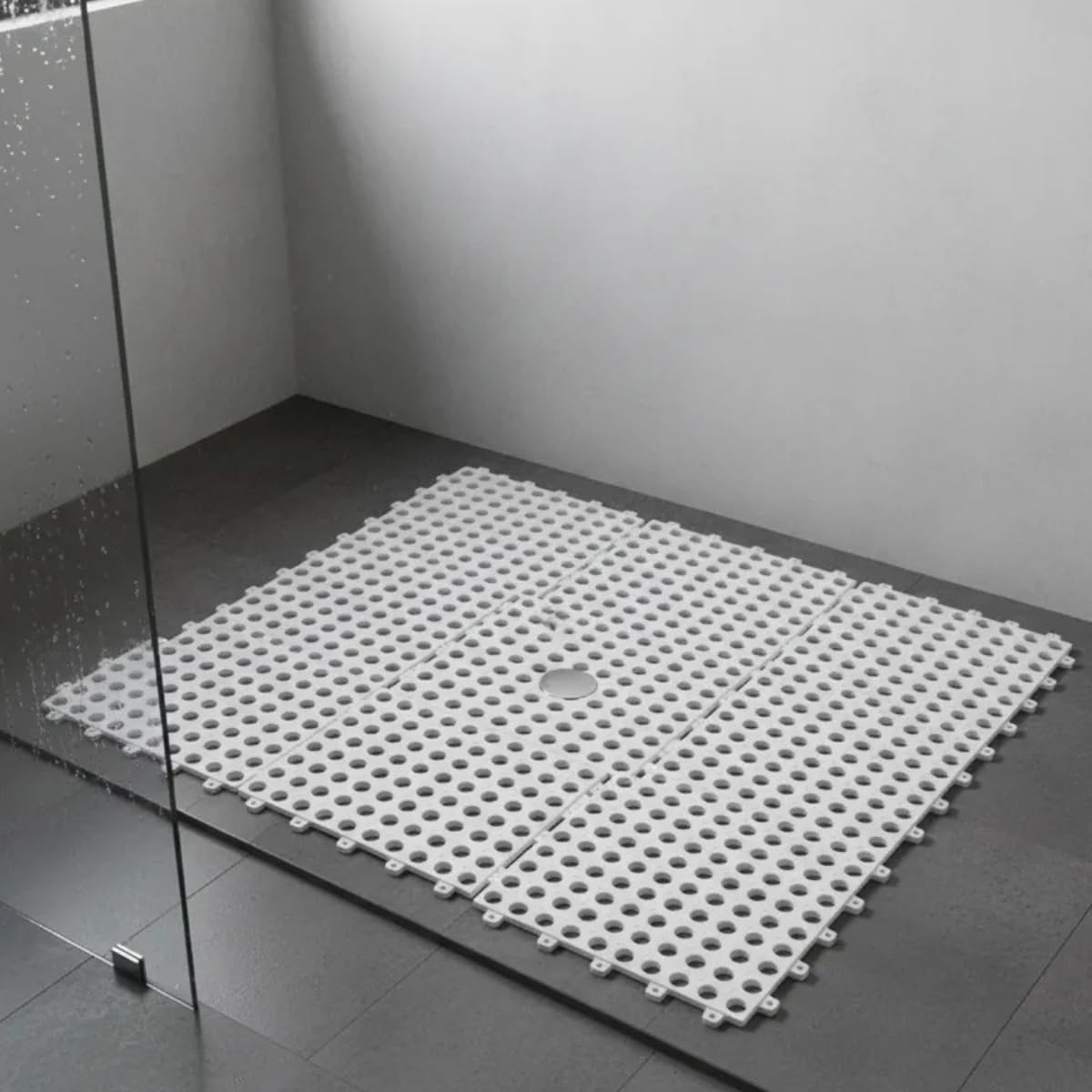 Kit 6 Tapetes Modulares Antiderrapantes para Banheiro e Box PVC Flexível Sistema Click Encaixe Perfeito 30x30cm Branco Cinza (Branco)