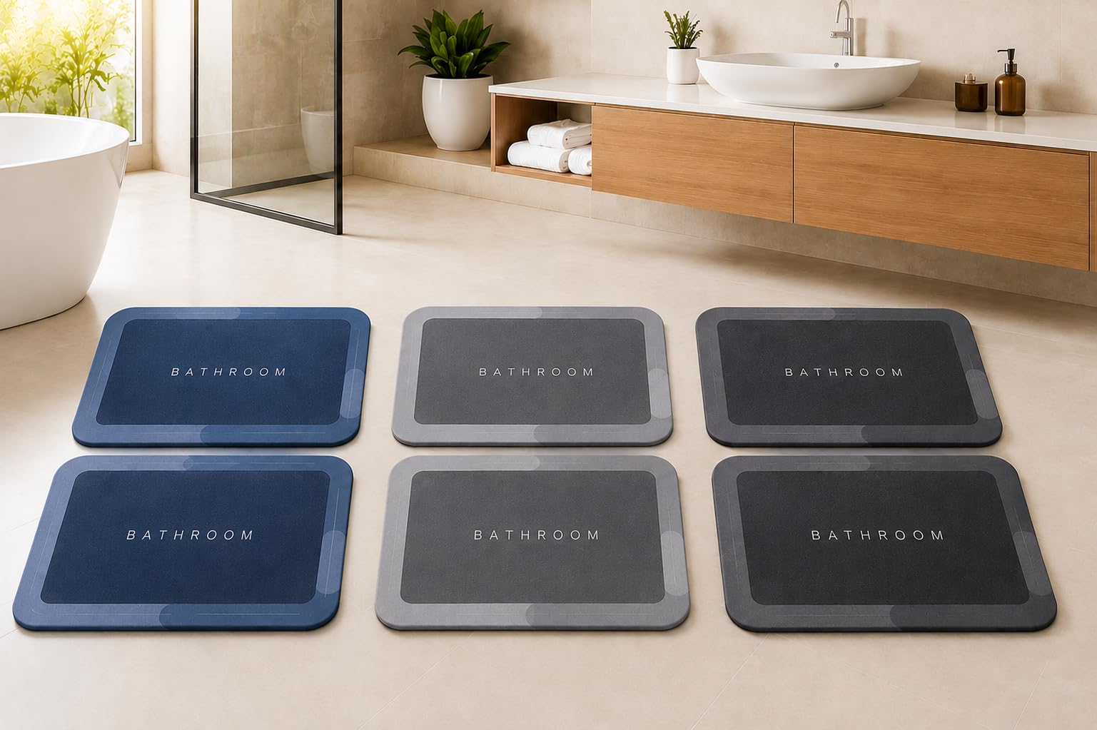 Kit com 2 Tapetes Mágicos Premium Super Absorventes para Banheiro 60x40cm, Secagem Rápida, Antiderrapante, Alta Absorção, Tapete para Saída do Box, Lavabo, Cozinha e Lavanderia
