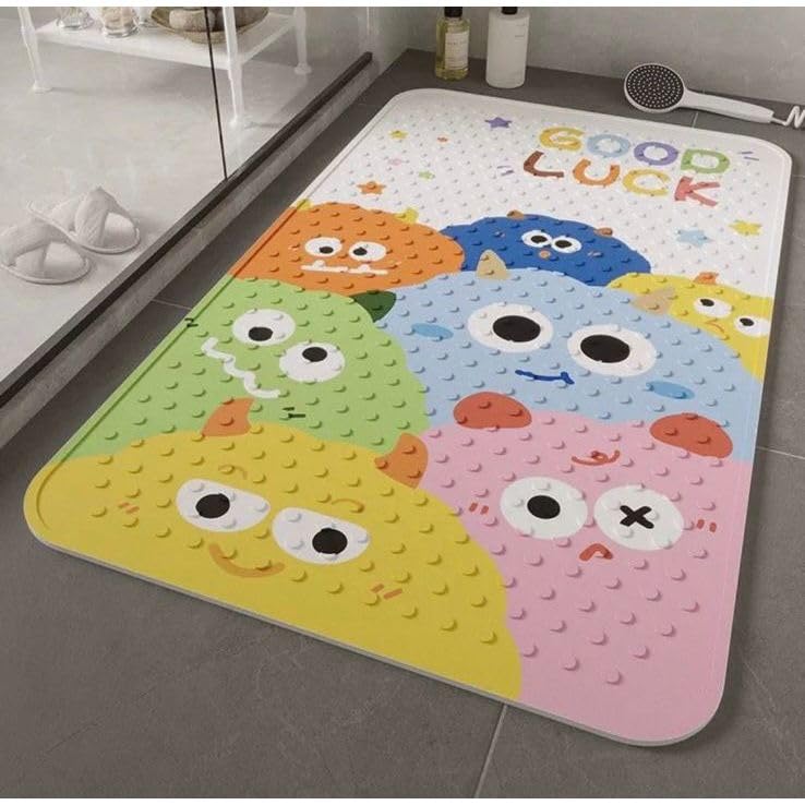 Tapete Antiderrapante para Banheiro em, Tapete para Box de Chuveiro Impermeável com Ventosas, Design Infantil Decorativo 40x70cm(monstro good luck)