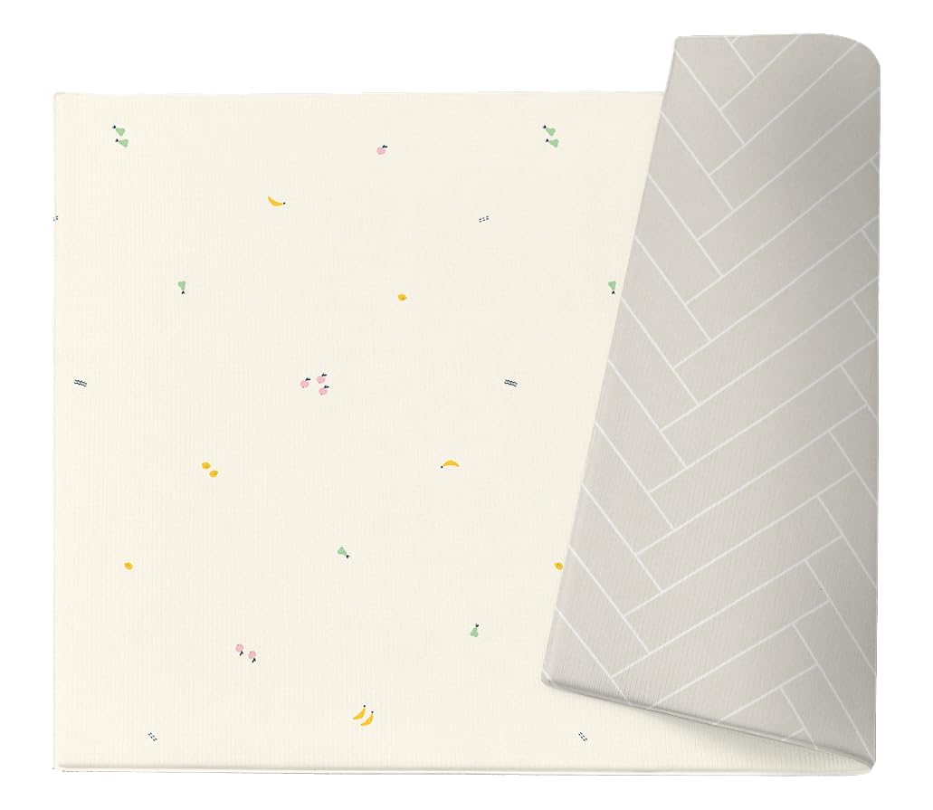 Tapete de Atividades Dupla Face Infantil Parklon PVC Premium Minimal Fruits & Herringbone Beige 190cm x 130cm x 1,2cm