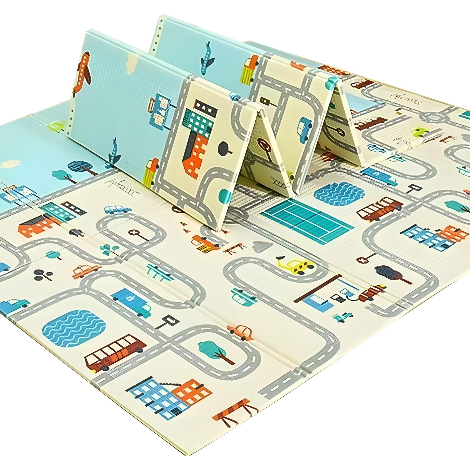 TOPAMIX Tapete de Atividades Infantil Dobrável com Cidade e Nuvens, 1,80m x 1,60m x 8mm Espessura, Dupla Face, Bolsa Inclusa