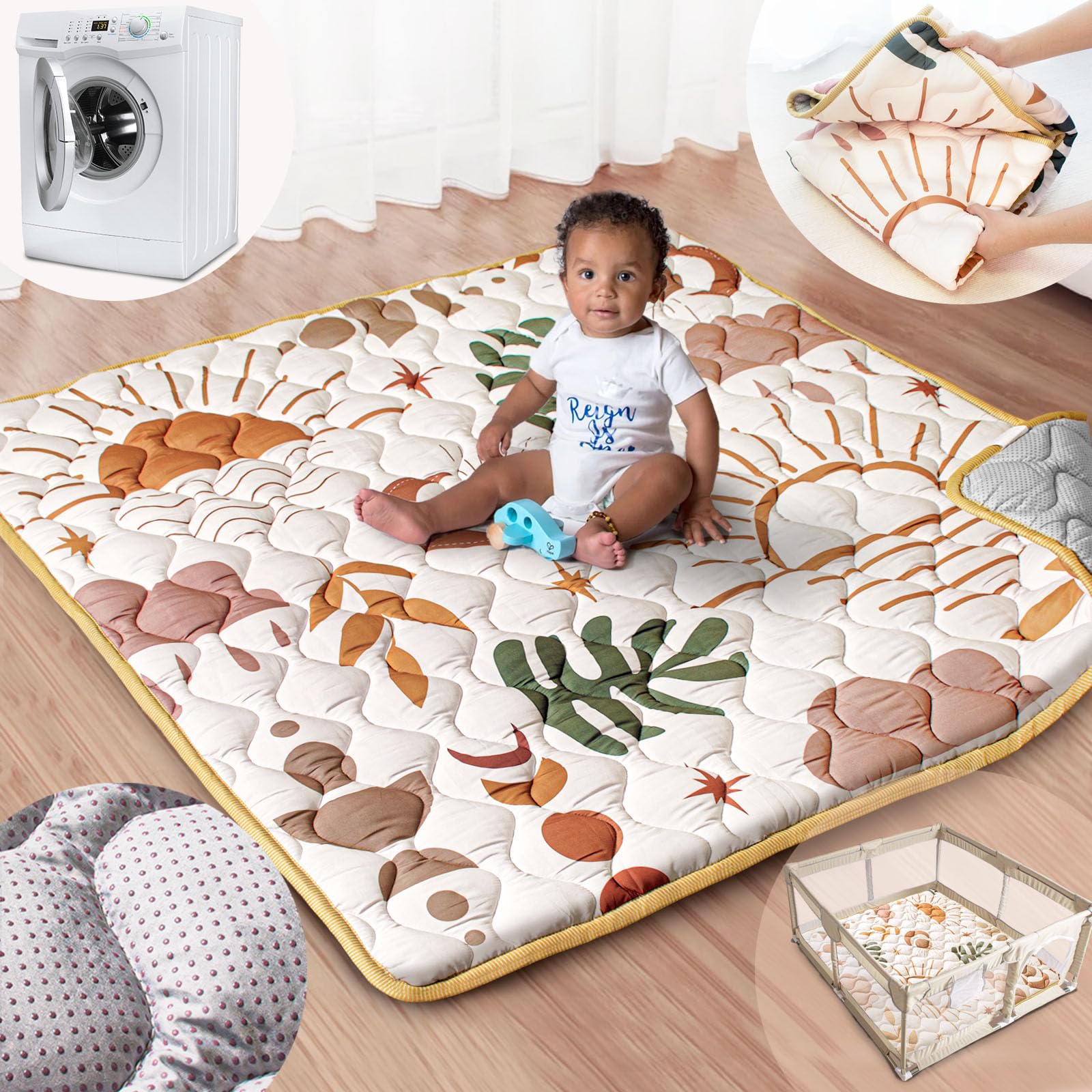 Tapete de brincar para bebê, tapete de cercadinho 127 x 127 cm com toque supermacio, tapete de atividades com fundo antiderrapante atualizado, lavável na máquina para piso e piquenique
